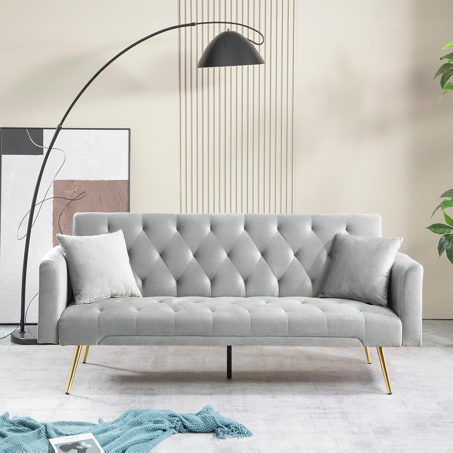 72" Velvet Futon Sofa Bed,Convertible Folding Sleeper Couch Bed,Modern Tufted Recliner Loveseat with Golden Chrome Legs for Small Living Spaces,Bedroom Dorms Office (Grey+Pillows)