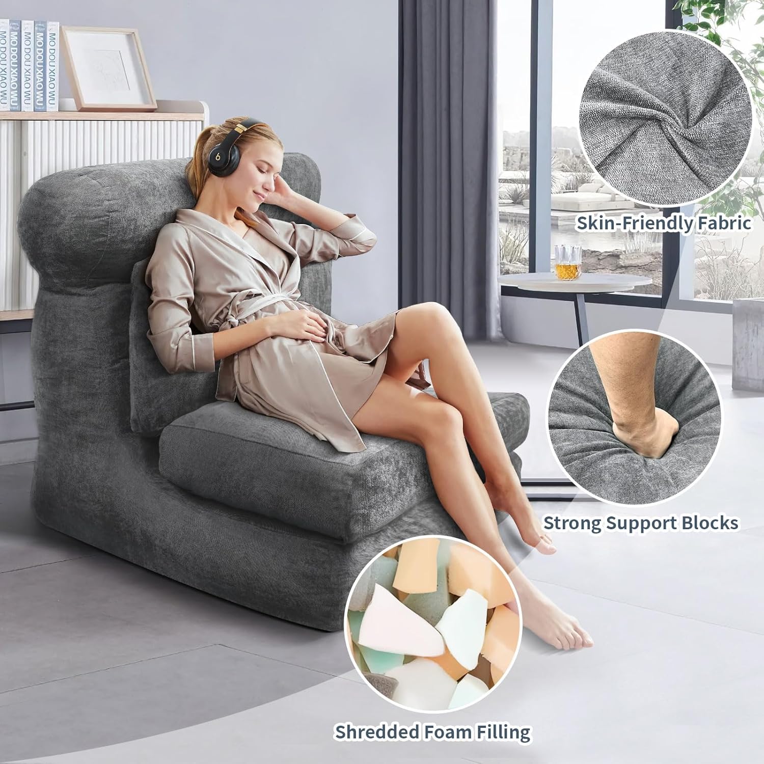 Folding Sofa Bed, Floor Couch for Adults Chair Bed, Convertible Sleeper Chair with Back Support Washable Cover, Deep Seat Sleeper Couch for Living Room