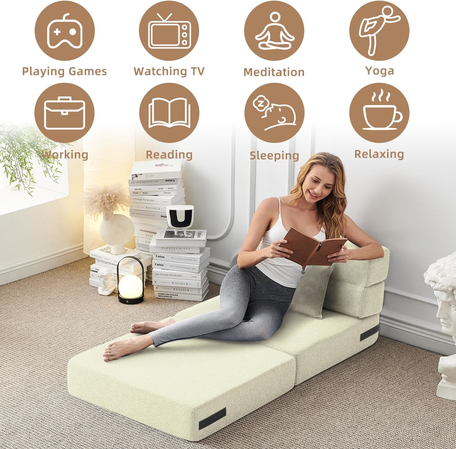 FILUXE Convertible Folding Sofa Bed - Sleeper Chair with Pillow, Modern Linen Fabric Floor & Futon Couch, Foldable Mattress for Living Room/Dorm/Guest Use/Home Office/Apartment, Single Size, Dark Gray(Cream,Single)