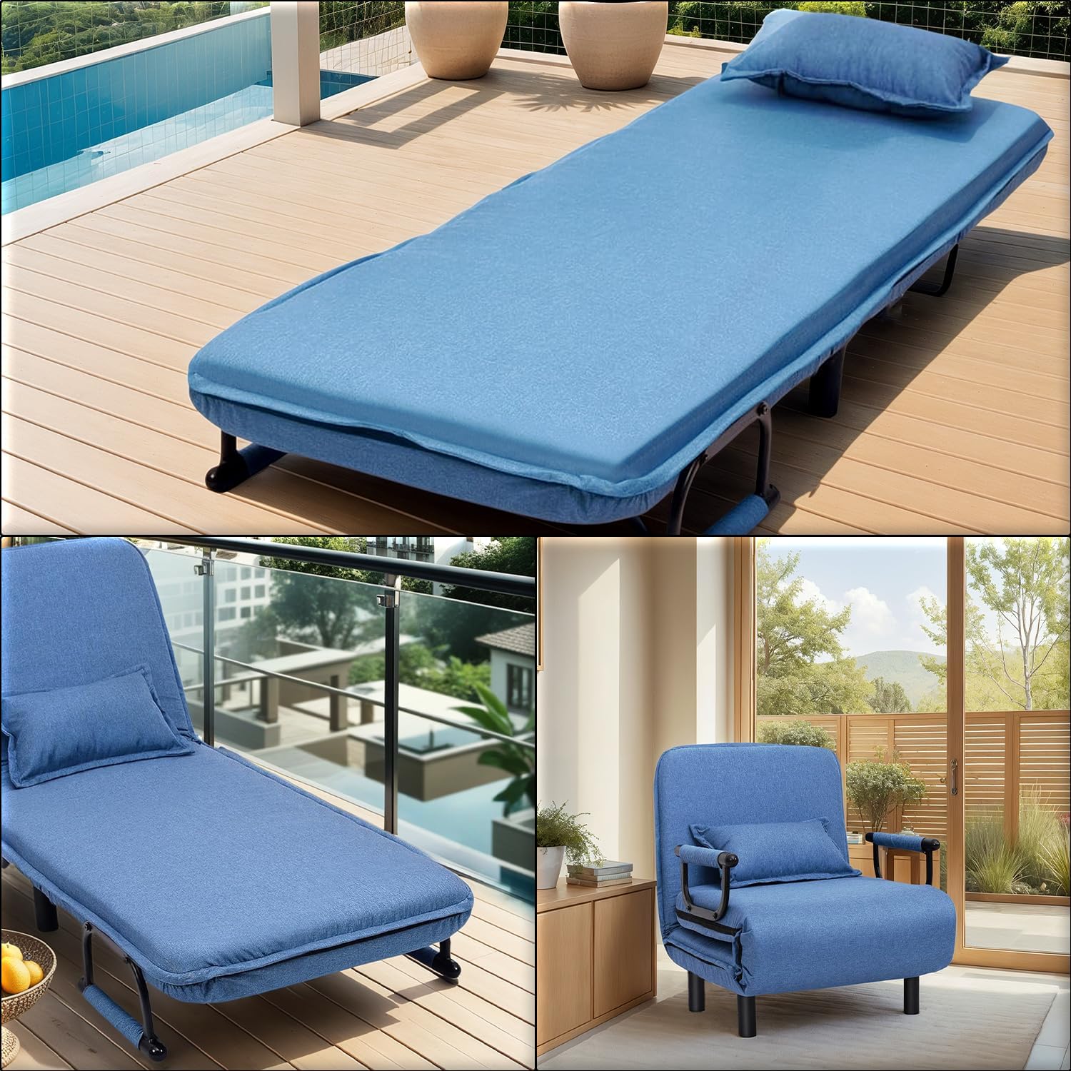 Convertible Sleeper Chair, Folding Chair Bed with Armrests for Adults, Blue Linen Single Lazy Sofa with Pillow for Living Room, Office, Bedroom, Lounge