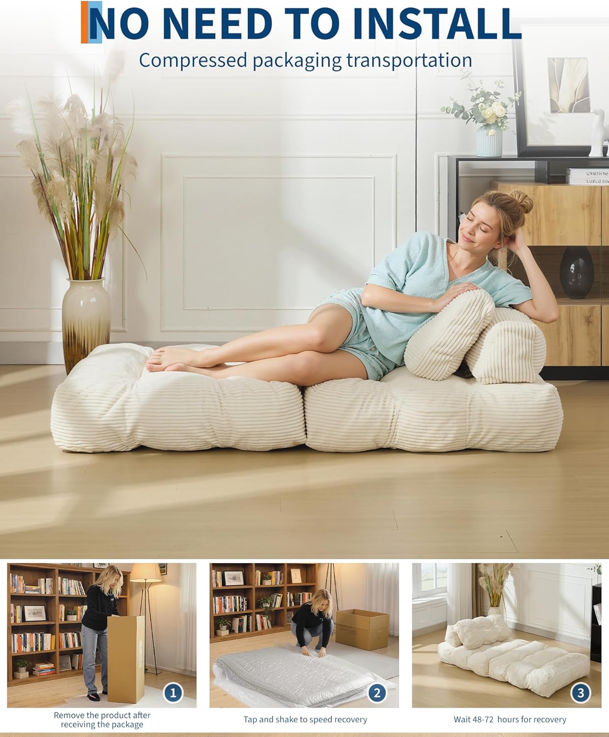 Folding Sofa Bed,Convertible Sleeper Chair with Pillow, Portable Foldable Chair and Mattress, Sleeper Chairs Single Size,Portable Lazy Floor Sofa Lounger for Small Spaces&Easy Storage,Beige(Beige)