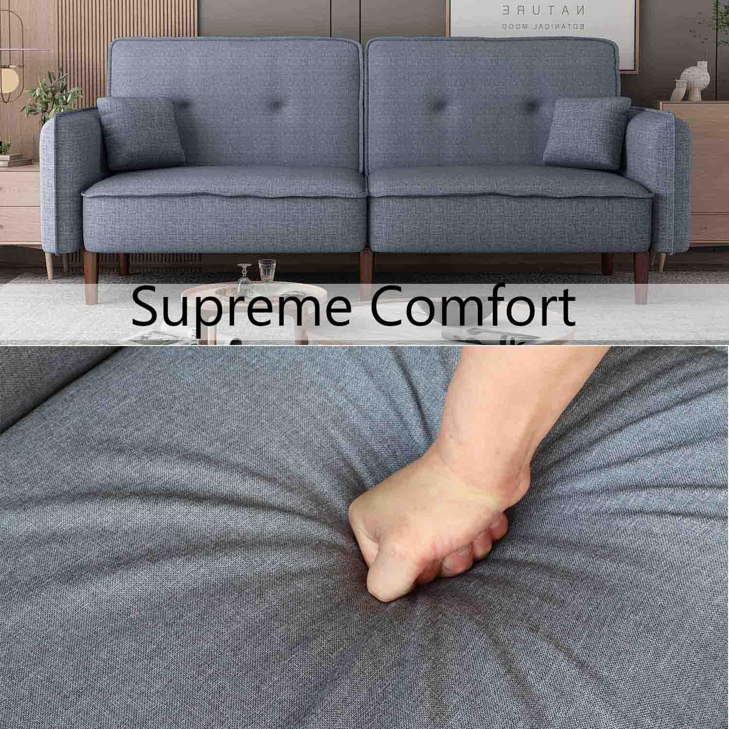 75” Futon Sofa Bed, Modern Sleeper Couch with Wood Legs/Magazine Bag, Folding Upholstered Recliner Sofa, Memory Foam Living Seat for Apartment/Office/Studio, Grey