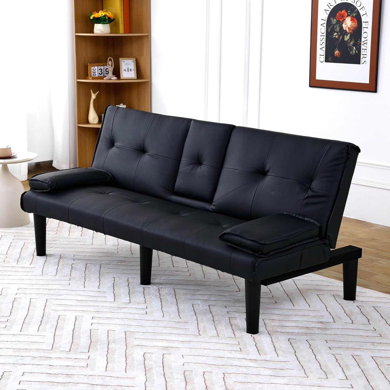 Modern Convertible Futon Sofa Bed, 3-Position Folding Couch with 2 Cup Holders & Detachable Armrests, PU Leather Multi-Functional Sleeper for Living Space, Workspace, Dormitory (Black)(Black)