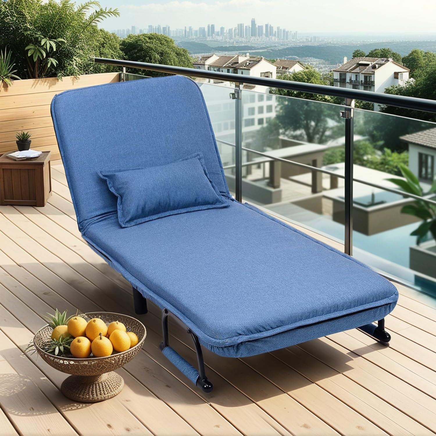 Convertible Sleeper Chair, Folding Chair Bed with Armrests for Adults, Blue Linen Single Lazy Sofa with Pillow for Living Room, Office, Bedroom, Lounge