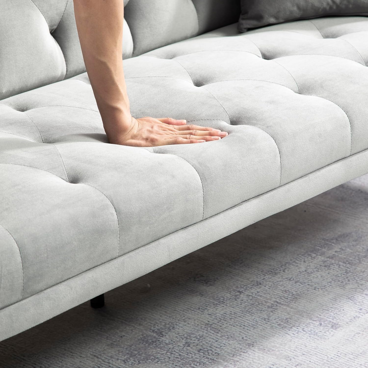 72" Velvet Futon Sofa Bed,Convertible Folding Sleeper Couch Bed,Modern Tufted Recliner Loveseat with Golden Chrome Legs for Small Living Spaces,Bedroom Dorms Office (Grey+Pillows)