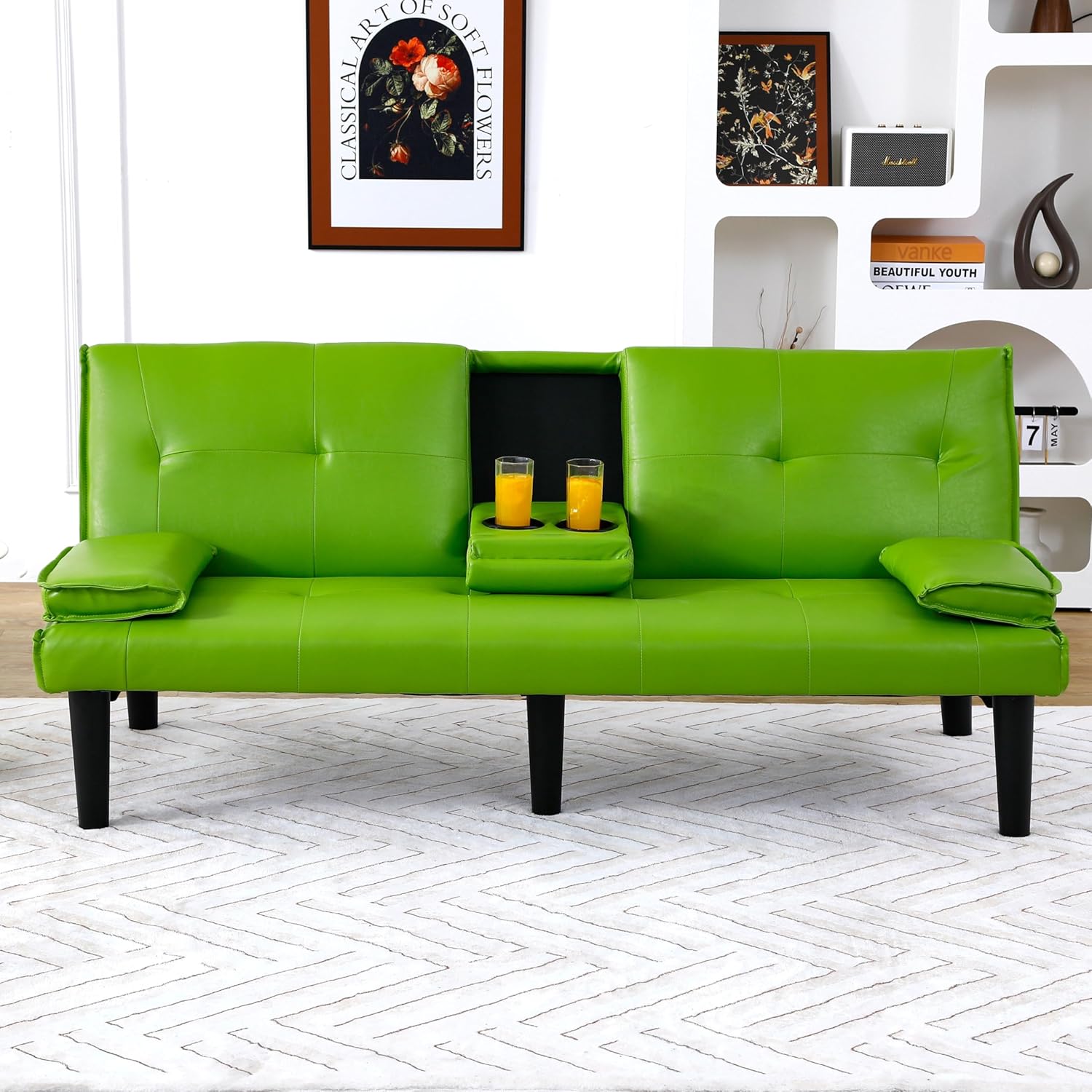 Futon Sofa Bed, Modern PU Leather Sleeper Couch, Convertible Couch Bed with Foldable and Cup Holder Design, Folding Recliner for Living Rooms, Apartments, Small Spaces, Easy to Clean (Black)