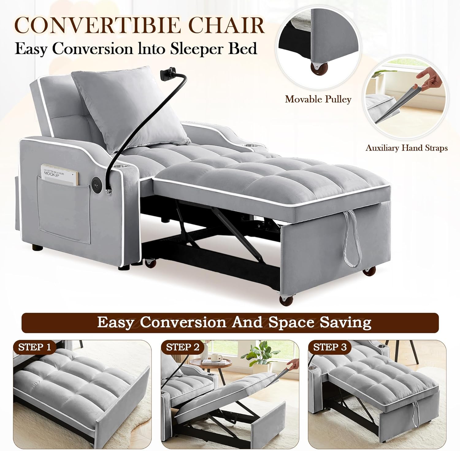 SLEERWAY 3-in-1 Convertible Futon Sofa Bed Chair, Multi-Functional Sleeper Chair Bed with Pull Out Couch and Adjustable Backrest, Modern Velvet Chaise Lounge Armchair for Living Room Bedroom, Grey