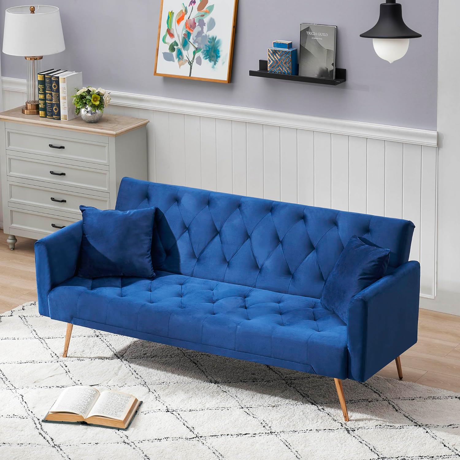 71" Velvet Convertible Folding Sofa Bed for Living Room,Futon Sleeper Sofa Couch with Adjustable Backrest & Removable Armrest for Small Space,Modern Loveseat Couch with Metal Legs (Blue)