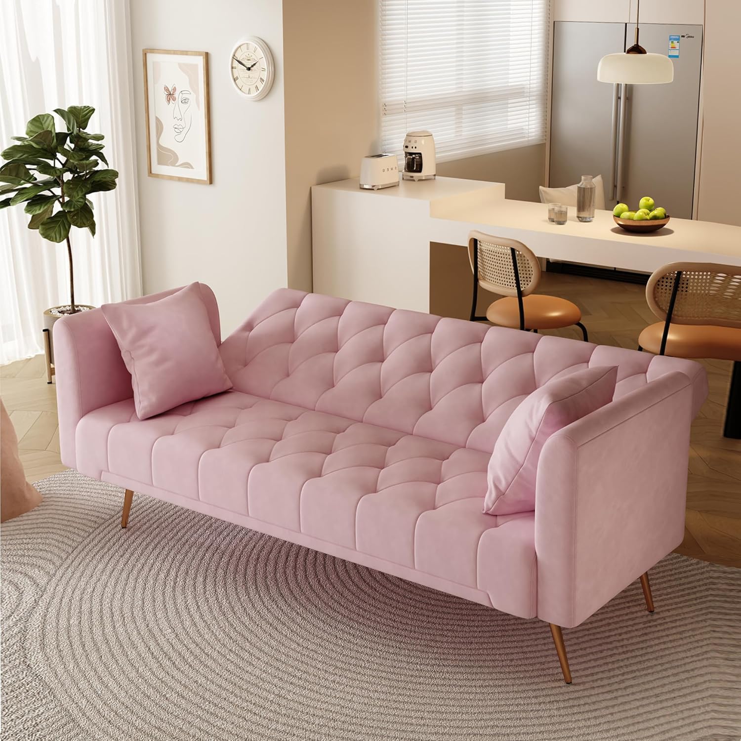 72" Velvet Futon Sofa Bed,Convertible Folding Sleeper Couch Bed,Modern Tufted Recliner Loveseat with Golden Chrome Legs for Small Living Spaces,Bedroom Dorms Office (Light Pink)