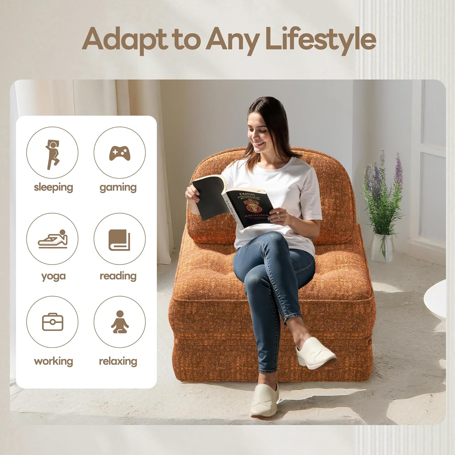 Dowinx Convertible Folding Sofa Bed - Comfy Ribbed Velvet Couch for Adults, Modern Single Sleeper Sofa for Apartment Living Room & Bedroom, with Elastic Bands, Amber Brown(Amber Brown-smooth Velvet)