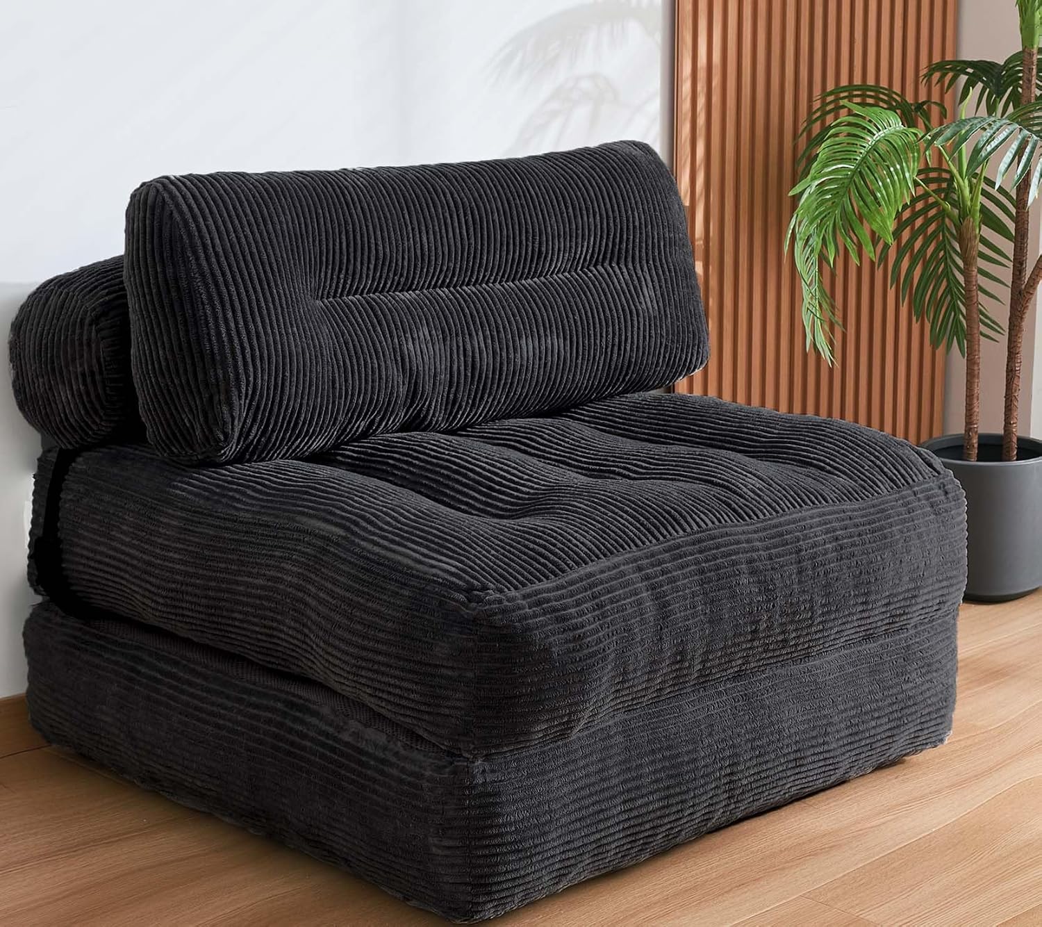 Folding Sofa Bed, Convertible Sleeper Chair Couch Bed Faux Rabbit Fur for Adults, with Back Support Floor Couch Comfy Floor Sofa for Living Room Bedroom, Black, Single(Black,Single)