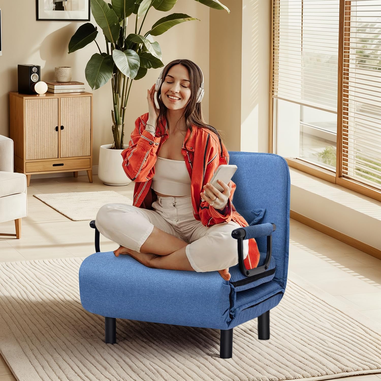 Convertible Sleeper Chair, Folding Chair Bed with Armrests for Adults, Blue Linen Single Lazy Sofa with Pillow for Living Room, Office, Bedroom, Lounge