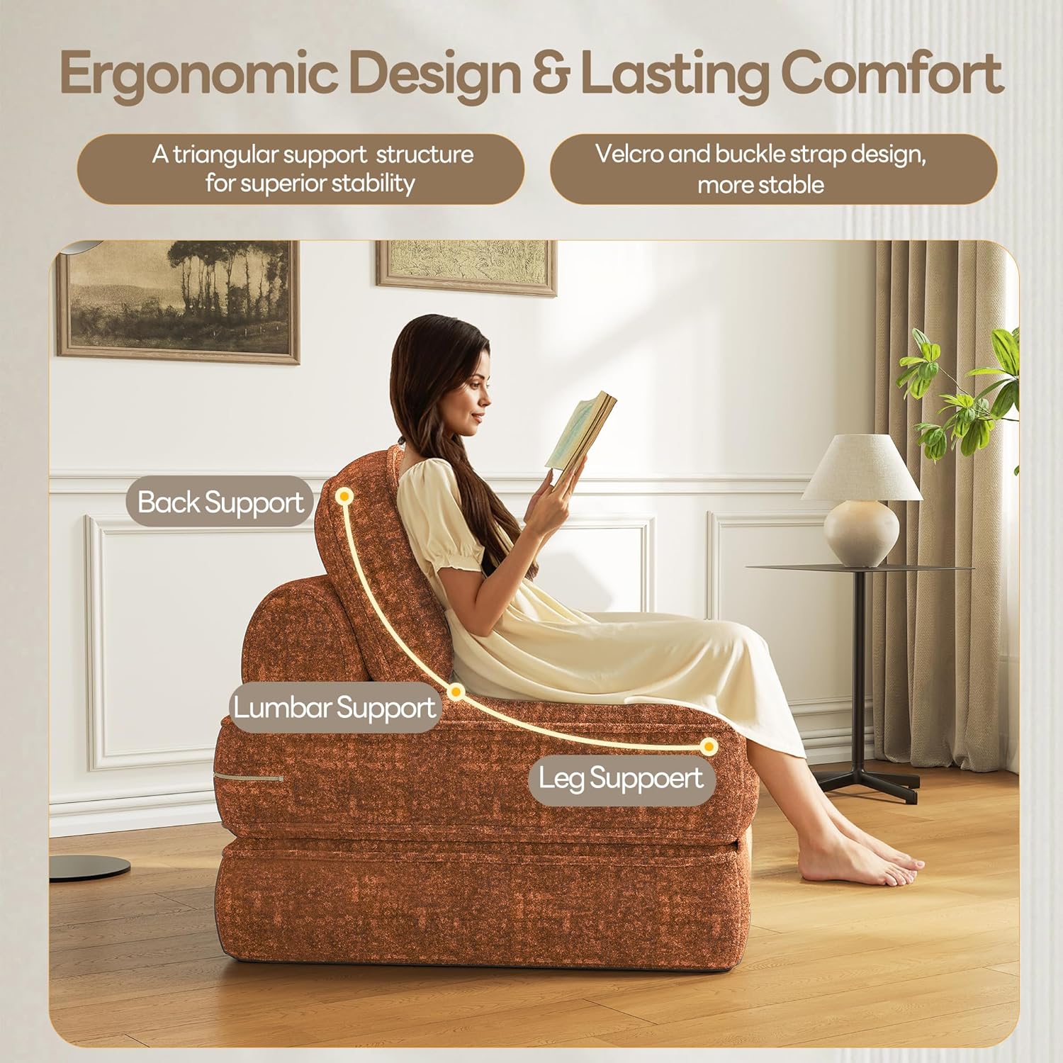 Dowinx Convertible Folding Sofa Bed - Comfy Ribbed Velvet Couch for Adults, Modern Single Sleeper Sofa for Apartment Living Room & Bedroom, with Elastic Bands, Amber Brown(Amber Brown-smooth Velvet)