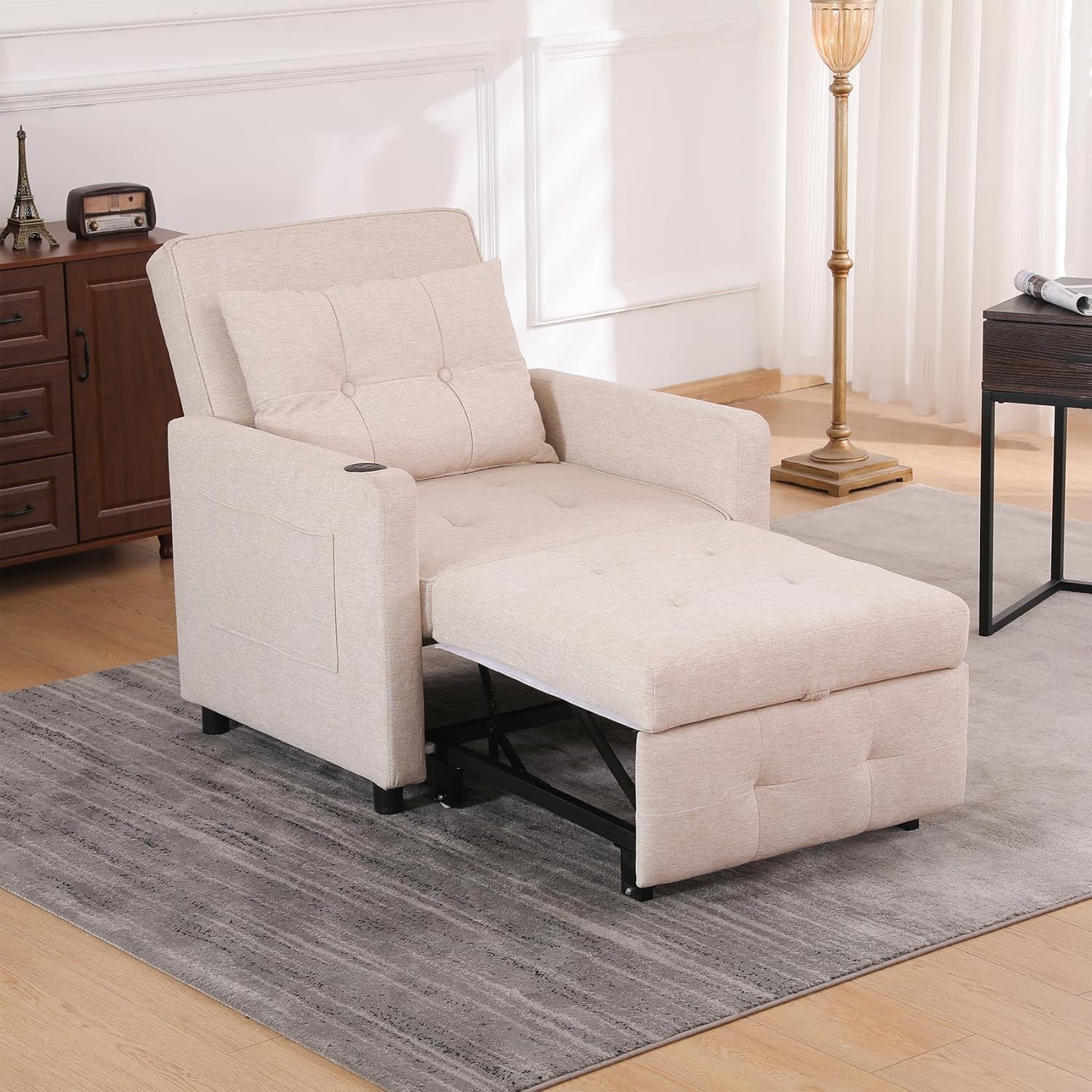 3 in 1 Pull Out Linen Single Sofa Bed with Adjustable Backrest and USB Port, Convertible Sleeper Chair with Side Pocket and Cup Holder for Adults, Teens, Bedrooms