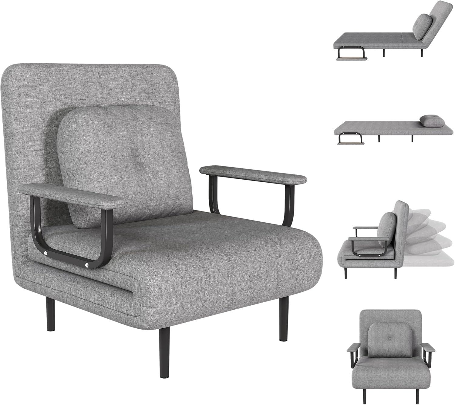 ZeHuoGe Folding Sofa Bed 3-in-1 Convertible Chair - 5-Position Adjustable Backrest with Pillow, Space-Saving SleeperBed for Living Room & Office (Grey)(Grey)