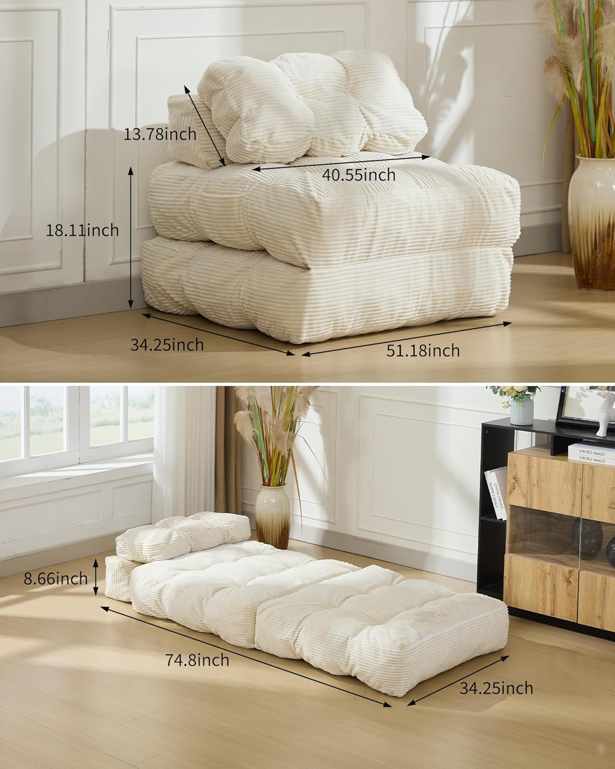 Folding Sofa Bed,Convertible Sleeper Chair with Pillow, Portable Foldable Chair and Mattress, Sleeper Chairs Single Size,Portable Lazy Floor Sofa Lounger for Small Spaces&Easy Storage,Beige(Beige)