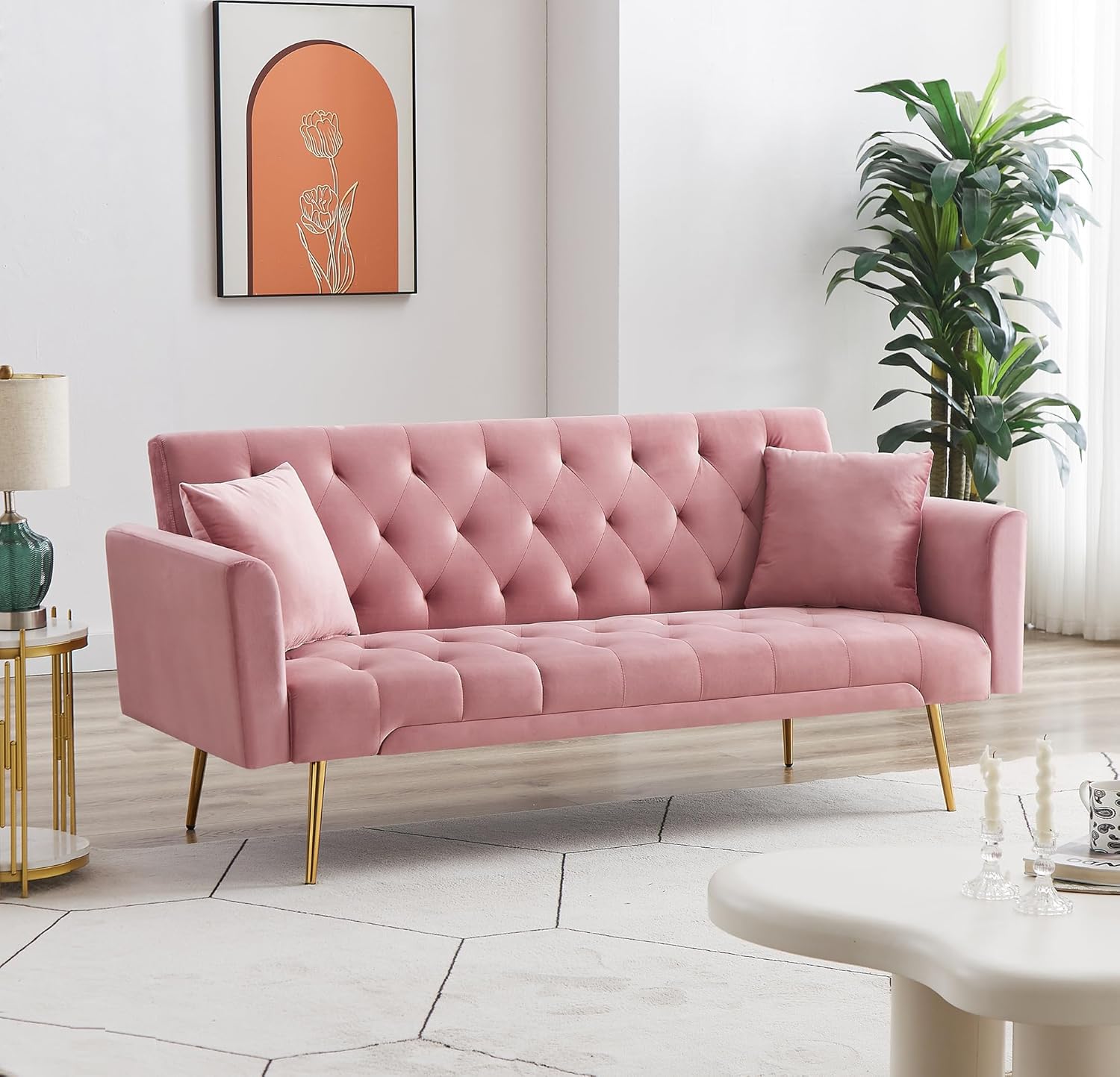 72" Velvet Futon Sofa Bed,Convertible Folding Sleeper Couch Bed,Modern Tufted Recliner Loveseat with Golden Chrome Legs for Small Living Spaces,Bedroom Dorms Office (Pink+Pillows)