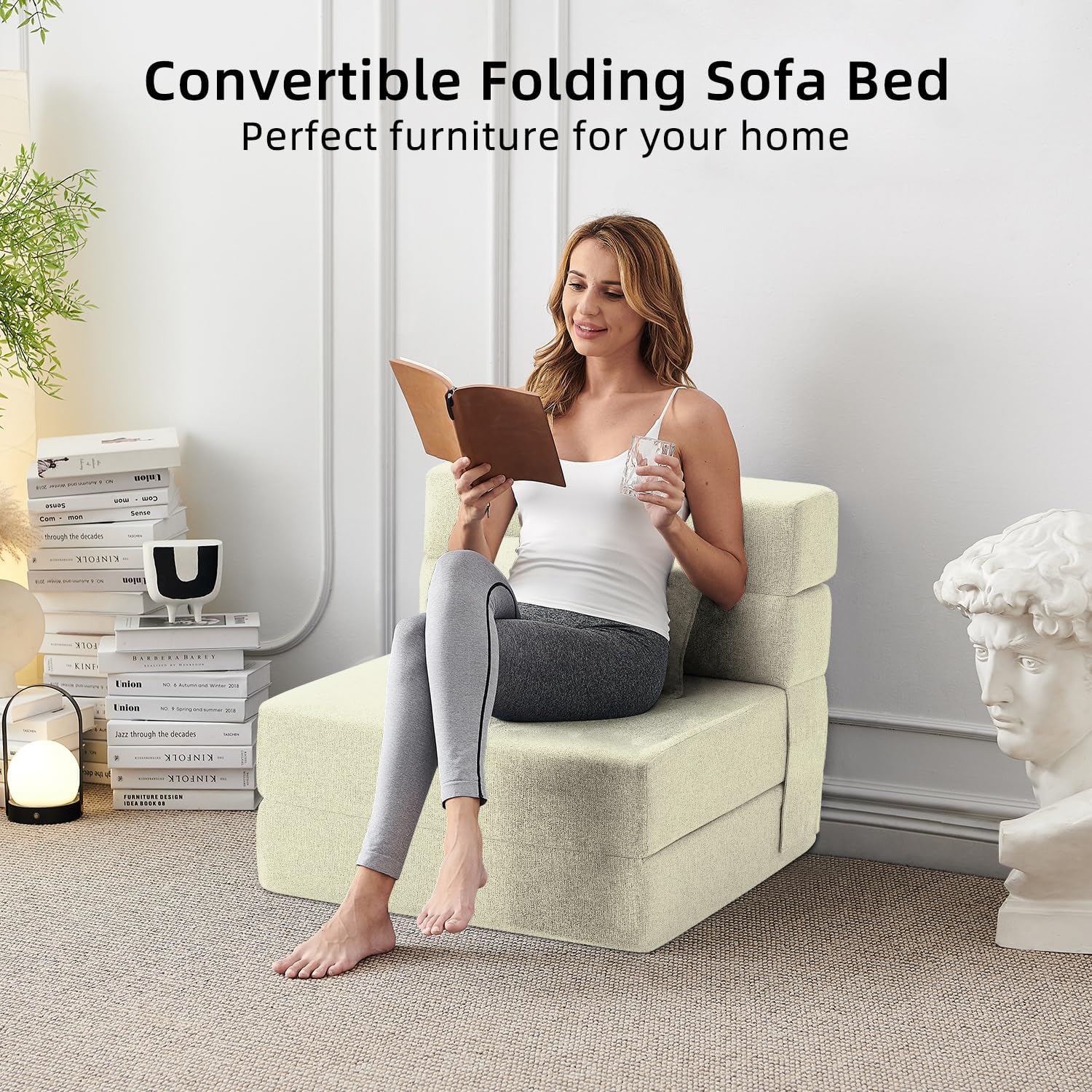 FILUXE Convertible Folding Sofa Bed - Sleeper Chair with Pillow, Modern Linen Fabric Floor & Futon Couch, Foldable Mattress for Living Room/Dorm/Guest Use/Home Office/Apartment, Single Size, Dark Gray(Cream,Single)