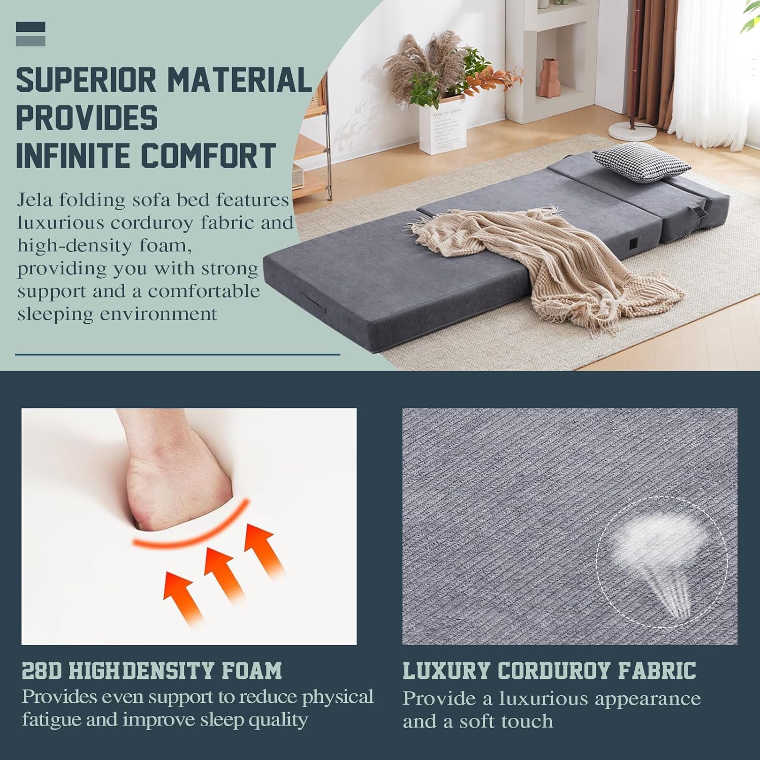 jela Foldable Sofa Bed Large Soft Foam Convertible Sleeper Chair Luxury Miss Fabric Fold Out Chair Bed Floor Couch with Back Support Floor Sofa for Living Room Bedroom (83"x33",Dark Gray)(Corduroy Darkgray,Standard)