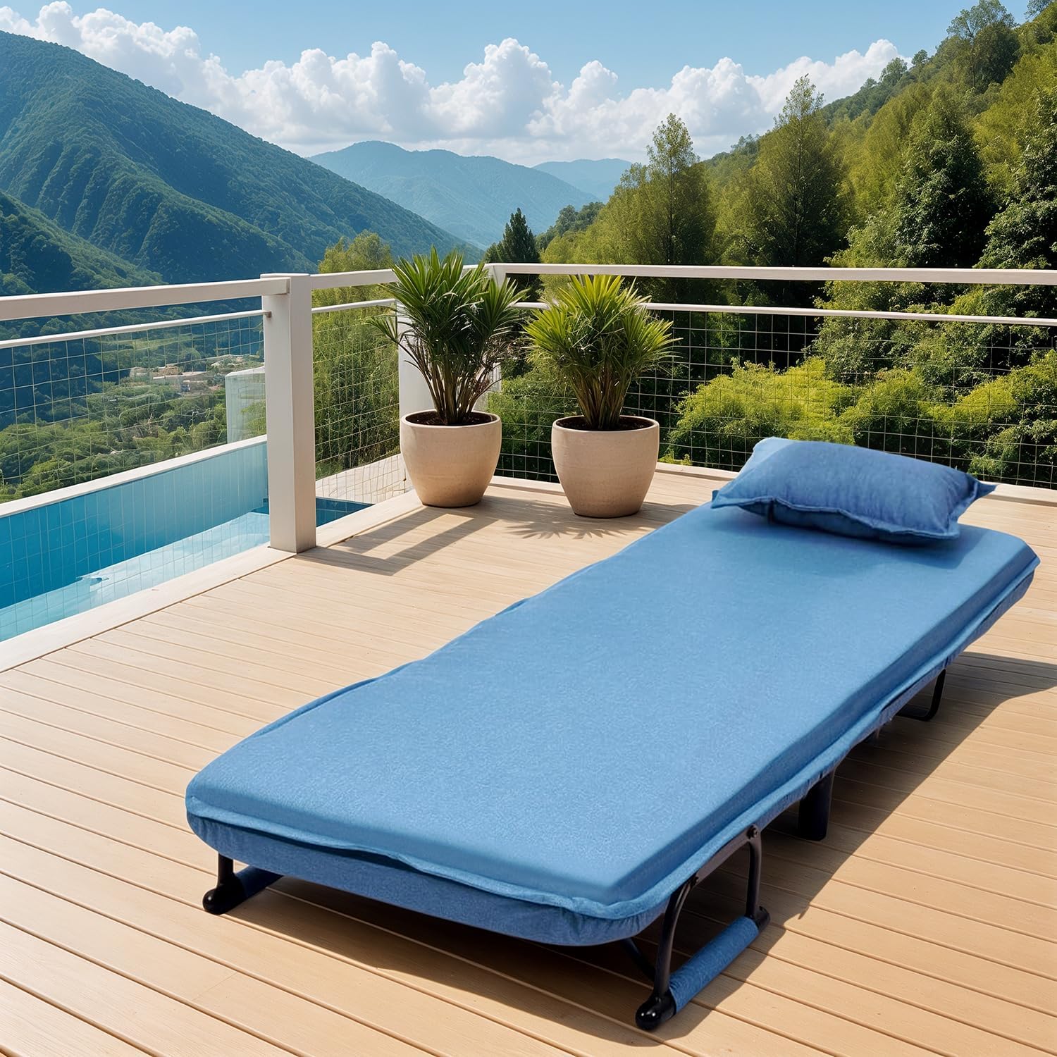 Convertible Sleeper Chair, Folding Chair Bed with Armrests for Adults, Blue Linen Single Lazy Sofa with Pillow for Living Room, Office, Bedroom, Lounge