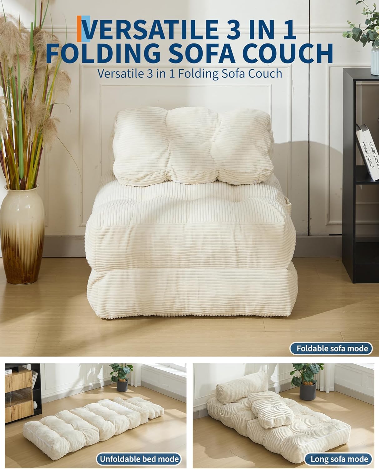 Folding Sofa Bed,Convertible Sleeper Chair with Pillow, Portable Foldable Chair and Mattress, Sleeper Chairs Single Size,Portable Lazy Floor Sofa Lounger for Small Spaces&Easy Storage,Beige(Beige)