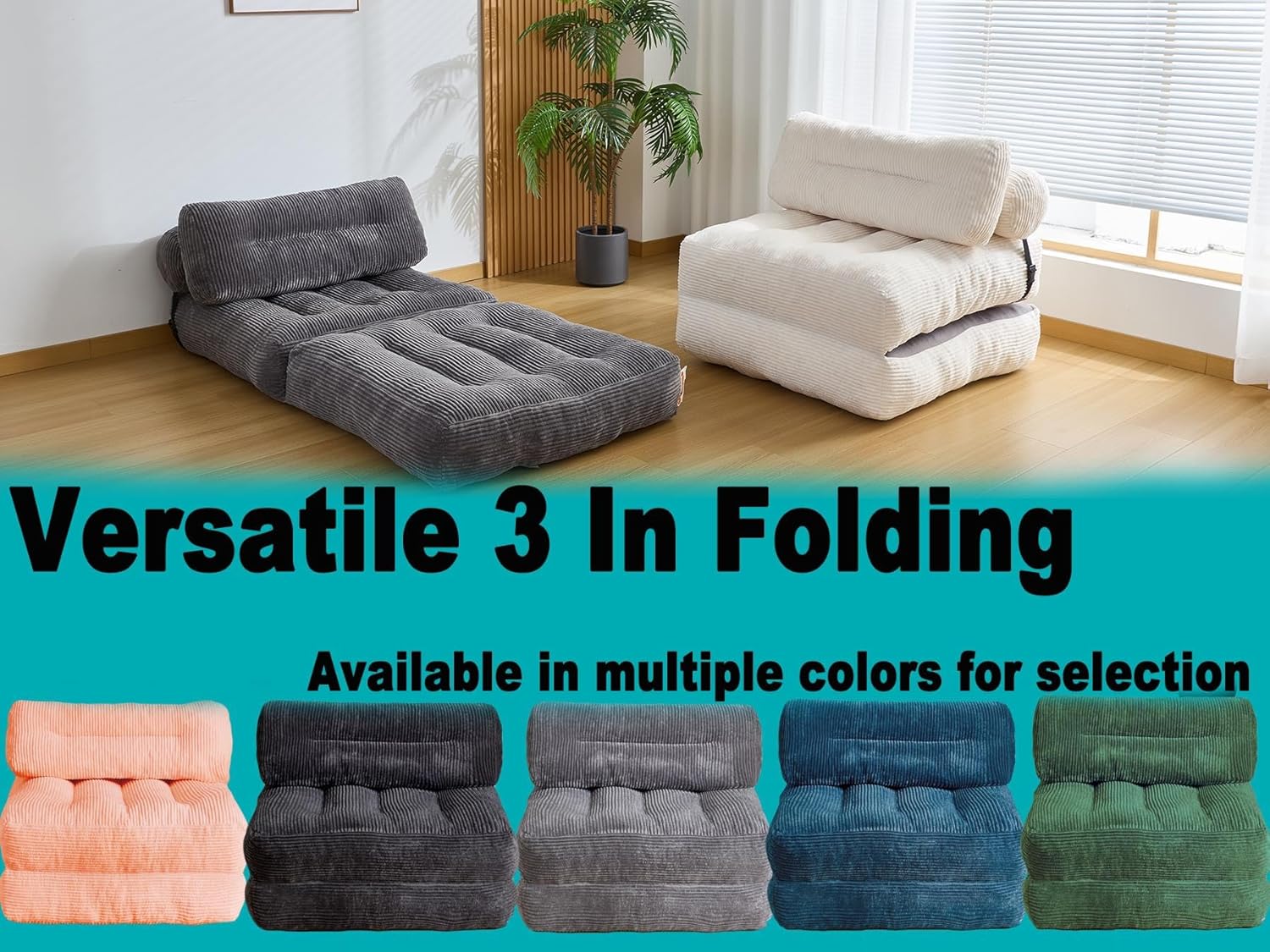 Folding Sofa Bed, Convertible Sleeper Chair Couch Bed Faux Rabbit Fur for Adults, with Back Support Floor Couch Comfy Floor Sofa for Living Room Bedroom, Black, Single(Black,Single)