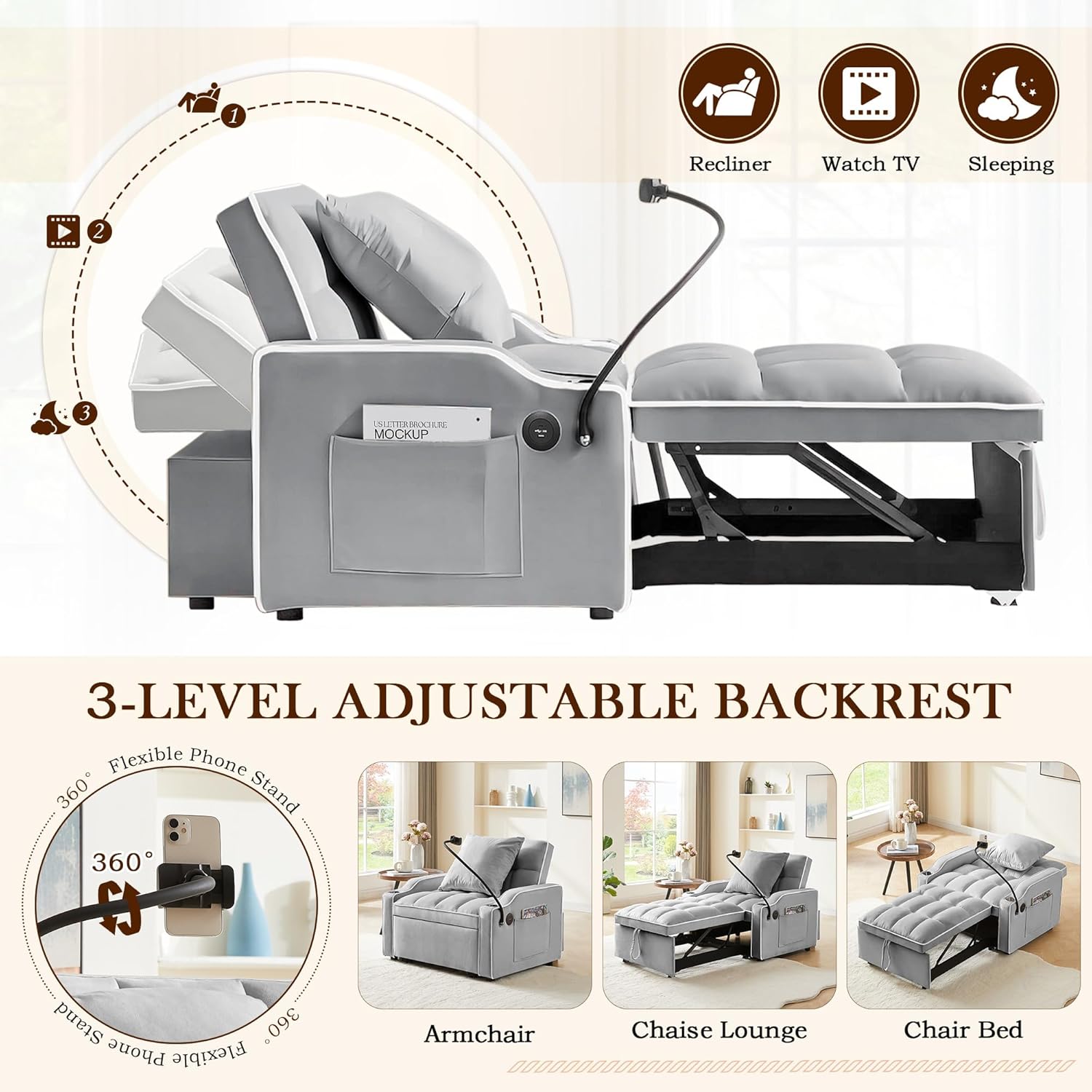 SLEERWAY 3-in-1 Convertible Futon Sofa Bed Chair, Multi-Functional Sleeper Chair Bed with Pull Out Couch and Adjustable Backrest, Modern Velvet Chaise Lounge Armchair for Living Room Bedroom, Grey