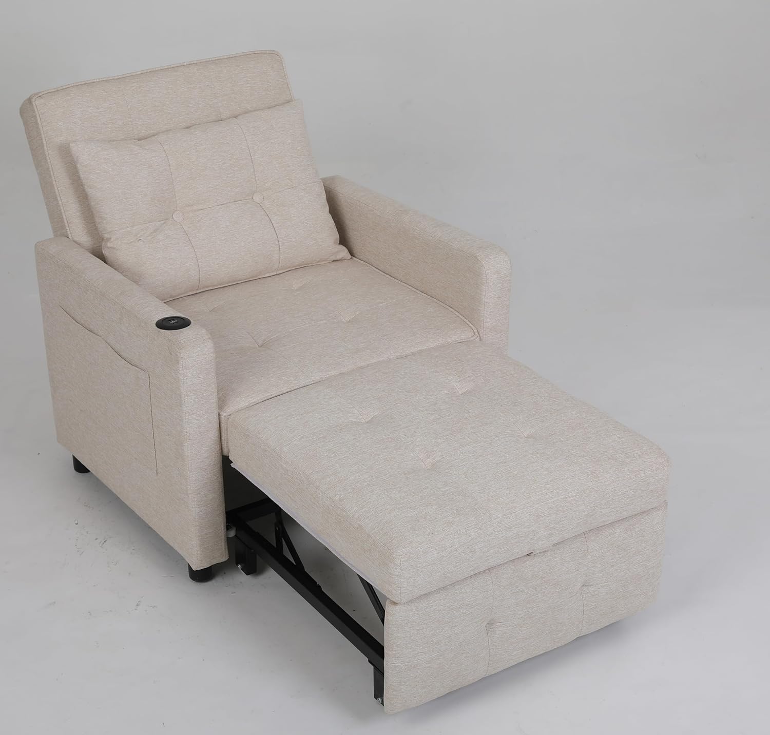3 in 1 Pull Out Linen Single Sofa Bed with Adjustable Backrest and USB Port, Convertible Sleeper Chair with Side Pocket and Cup Holder for Adults, Teens, Bedrooms