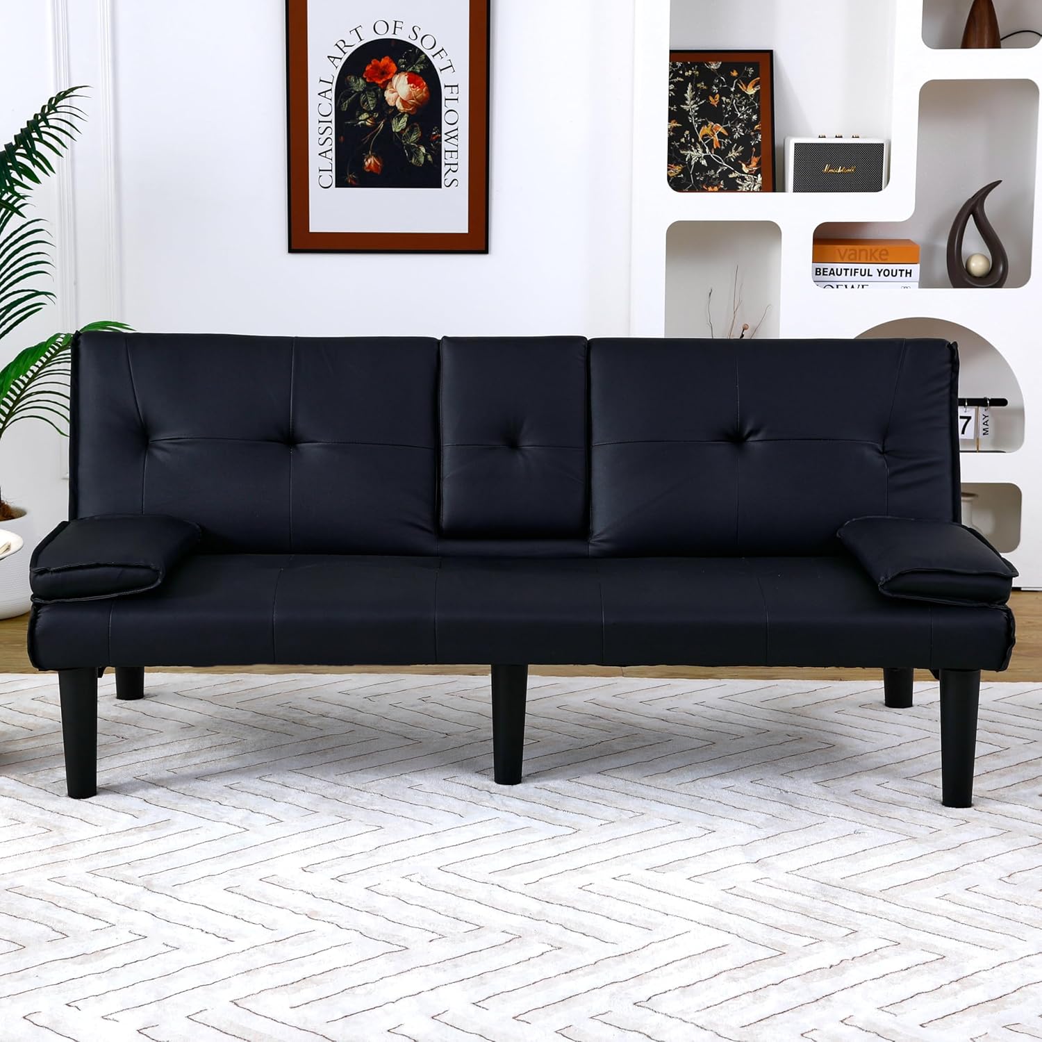 Futon Sofa Bed, Modern PU Leather Sleeper Couch, Convertible Couch Bed with Foldable and Cup Holder Design, Folding Recliner for Living Rooms, Apartments, Small Spaces, Easy to Clean (Black)(Black)
