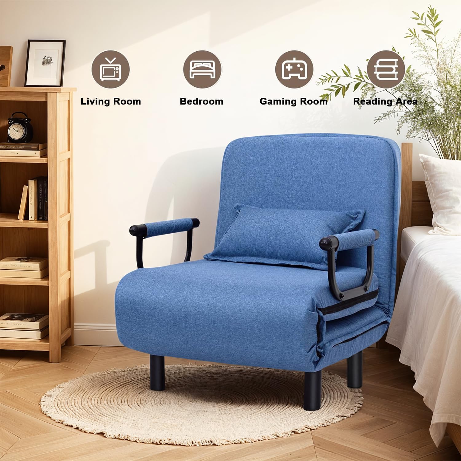 Convertible Sleeper Chair, Folding Chair Bed with Armrests for Adults, Blue Linen Single Lazy Sofa with Pillow for Living Room, Office, Bedroom, Lounge