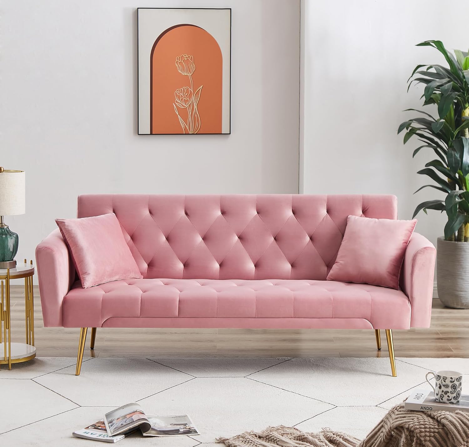 72" Velvet Futon Sofa Bed,Convertible Folding Sleeper Couch Bed,Modern Tufted Recliner Loveseat with Golden Chrome Legs for Small Living Spaces,Bedroom Dorms Office (Pink+Pillows)