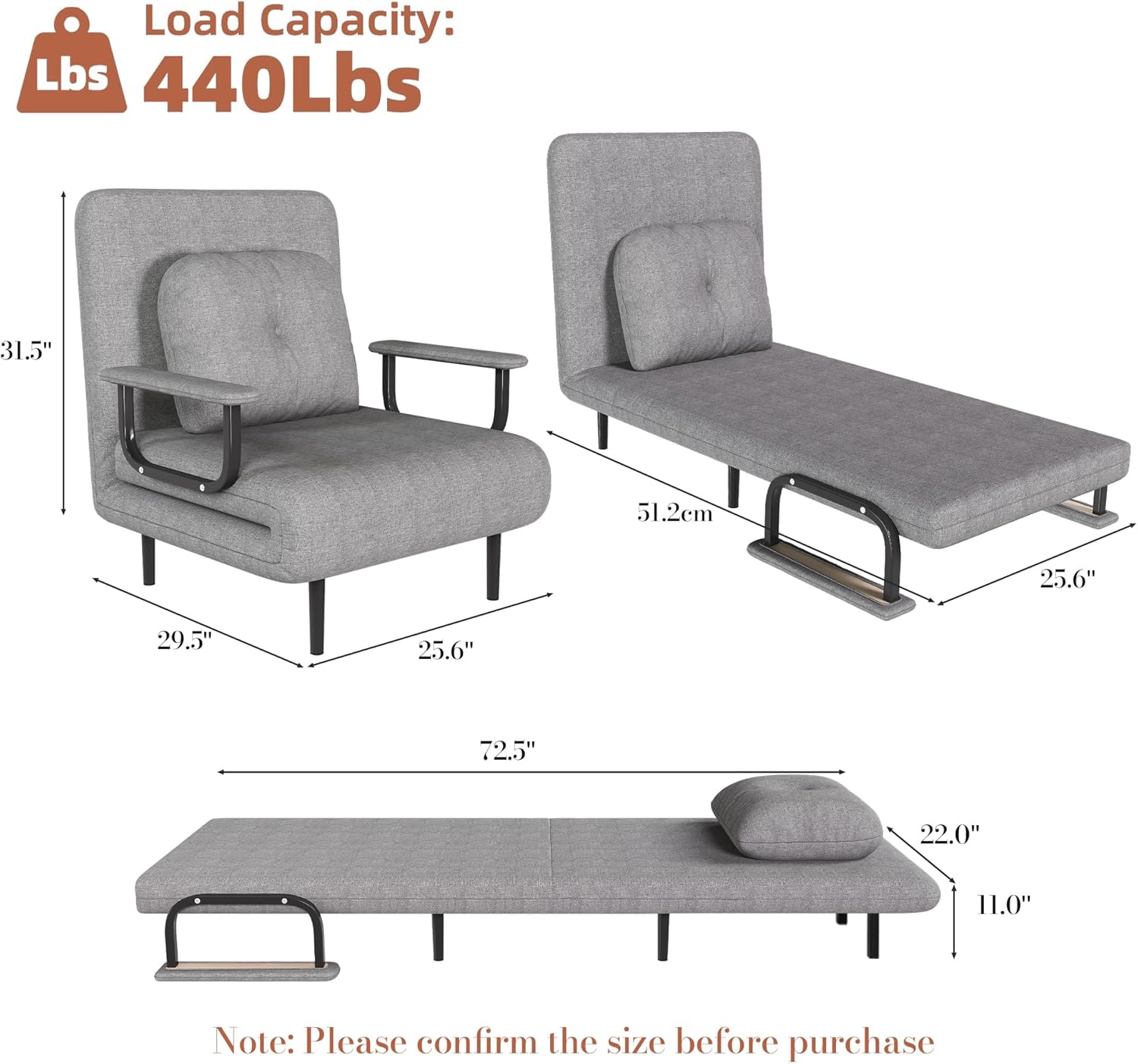 Convertible Sofa Chair Bed 1Piece, Grey 5-Position Adjustable Grass Cloth with with Thickened Iron, Folding Single Sleeper with Pillow, 440 Lbs Capacity, 72.5x25.6 Inches Sofa Bed 5-in-1