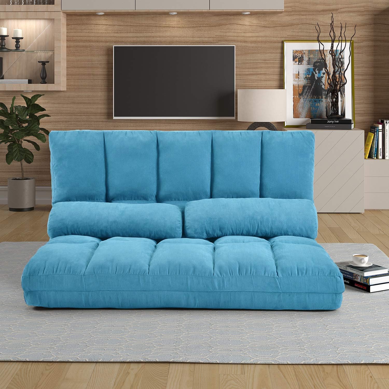 Double Foldable Lazy Floor Sofa with 2 Pillows, Foldable Sofa Sleeper Bed 5-Position Adjustable, Suede Cloth Cover for Reading Gaming, Bedroom, Living, Room, Balcony (Blue)(Blue)