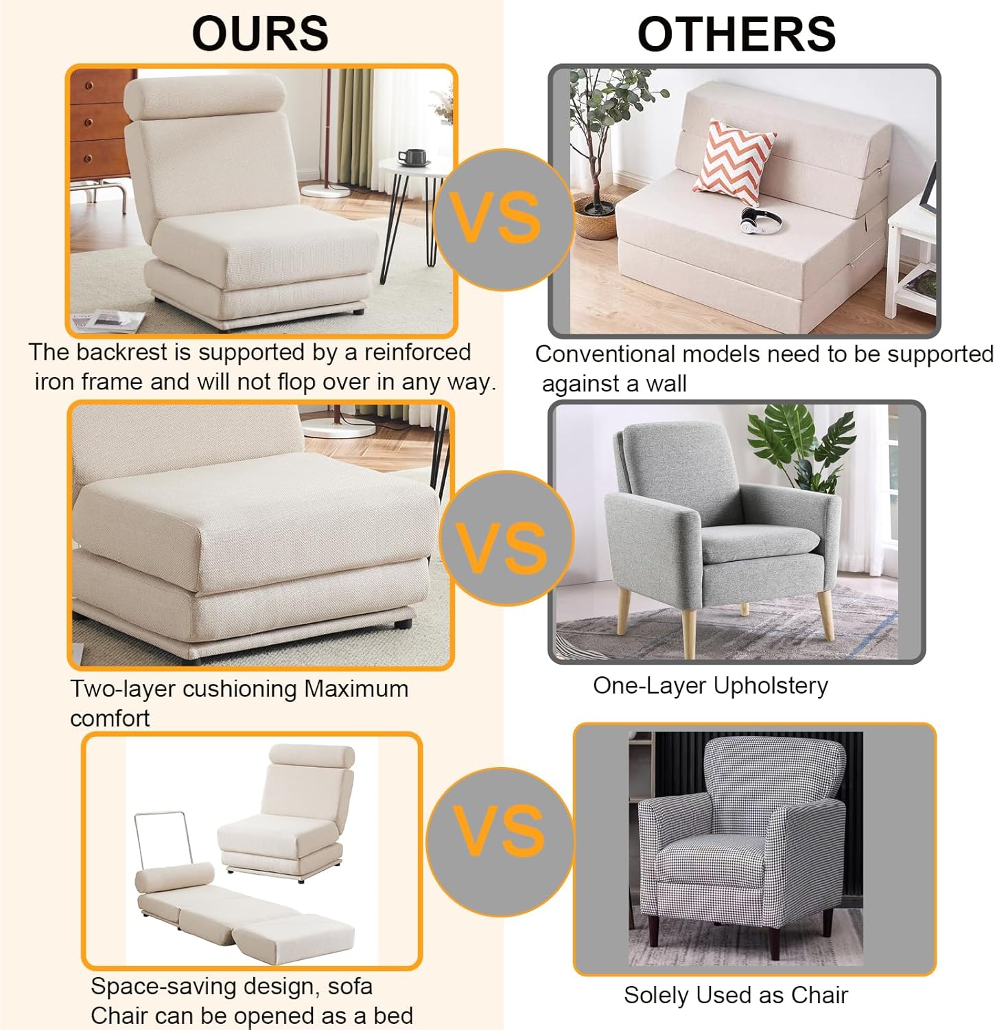 Foldable Linen Sofa Bed, Single Sofa Chair with Pillow, Cream White