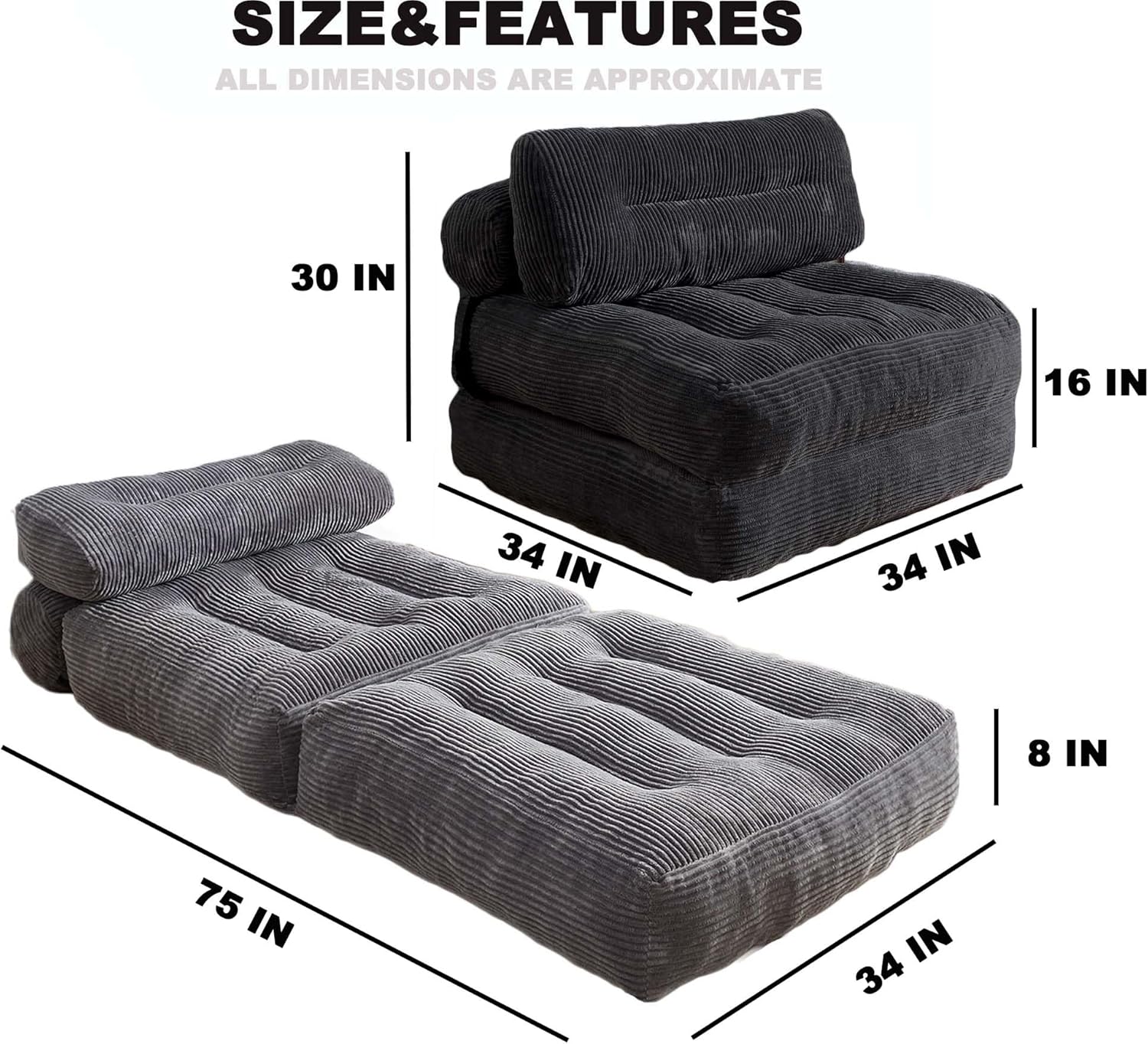 Folding Sofa Bed, Convertible Sleeper Chair Couch Bed Faux Rabbit Fur for Adults, with Back Support Floor Couch Comfy Floor Sofa for Living Room Bedroom, Black, Single(Black,Single)