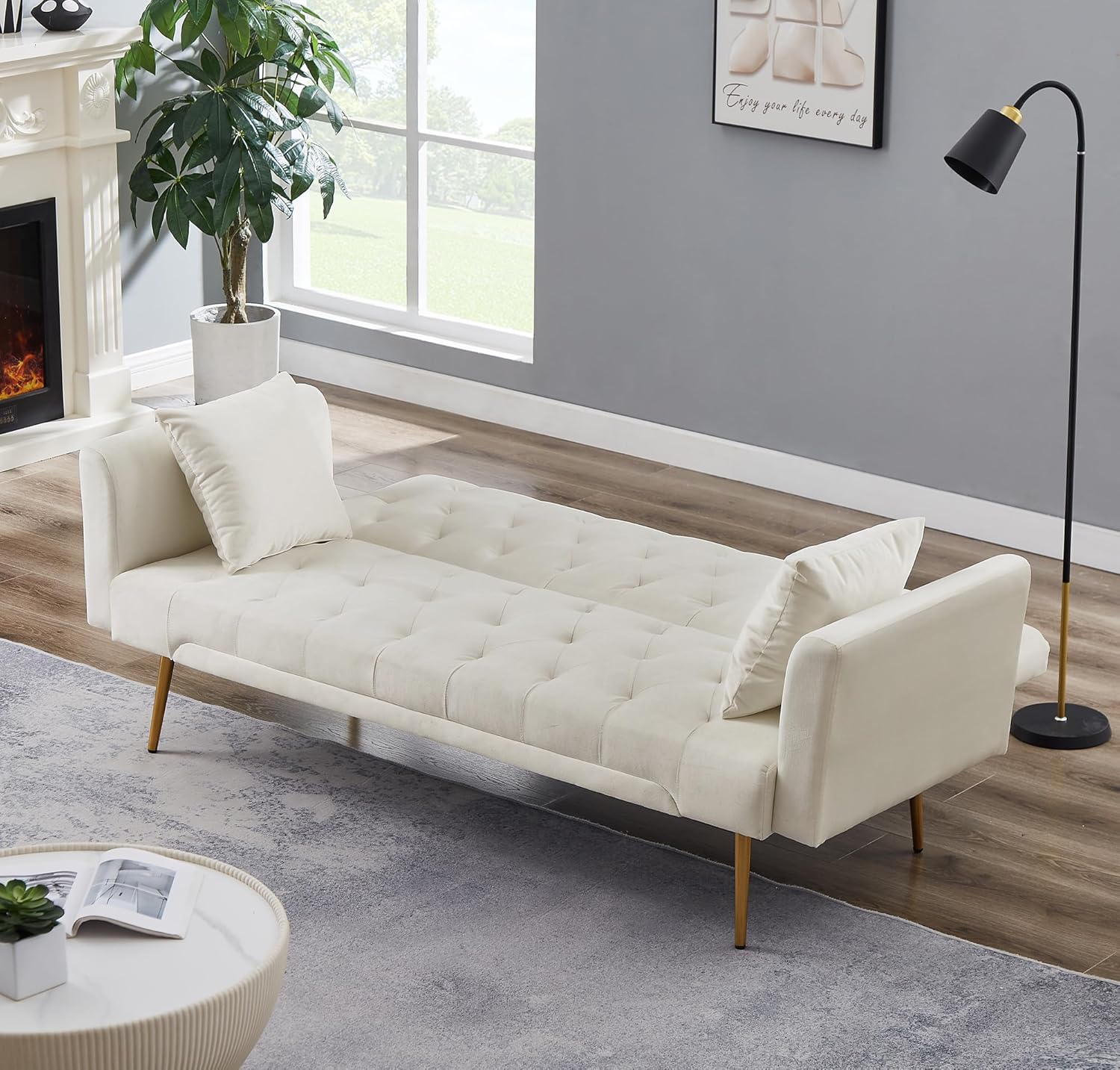 72" Velvet Futon Sofa Bed,Convertible Folding Sleeper Couch Bed,Modern Tufted Recliner Loveseat with Golden Chrome Legs for Small Living Spaces,Bedroom Dorms Office (Beige+Pillows)