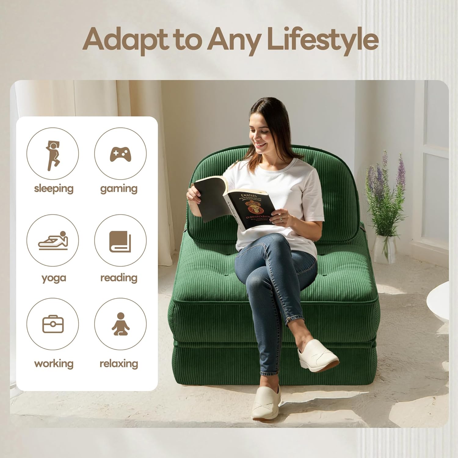 Dowinx Convertible Folding Sofa Bed: A Comfortable Ribbed Velvet Sleeper for Adults. This Modern Single Couch is Ideal for Apartments, Living Rooms & Bedrooms, Featuring Elastic Bands，Forest Green