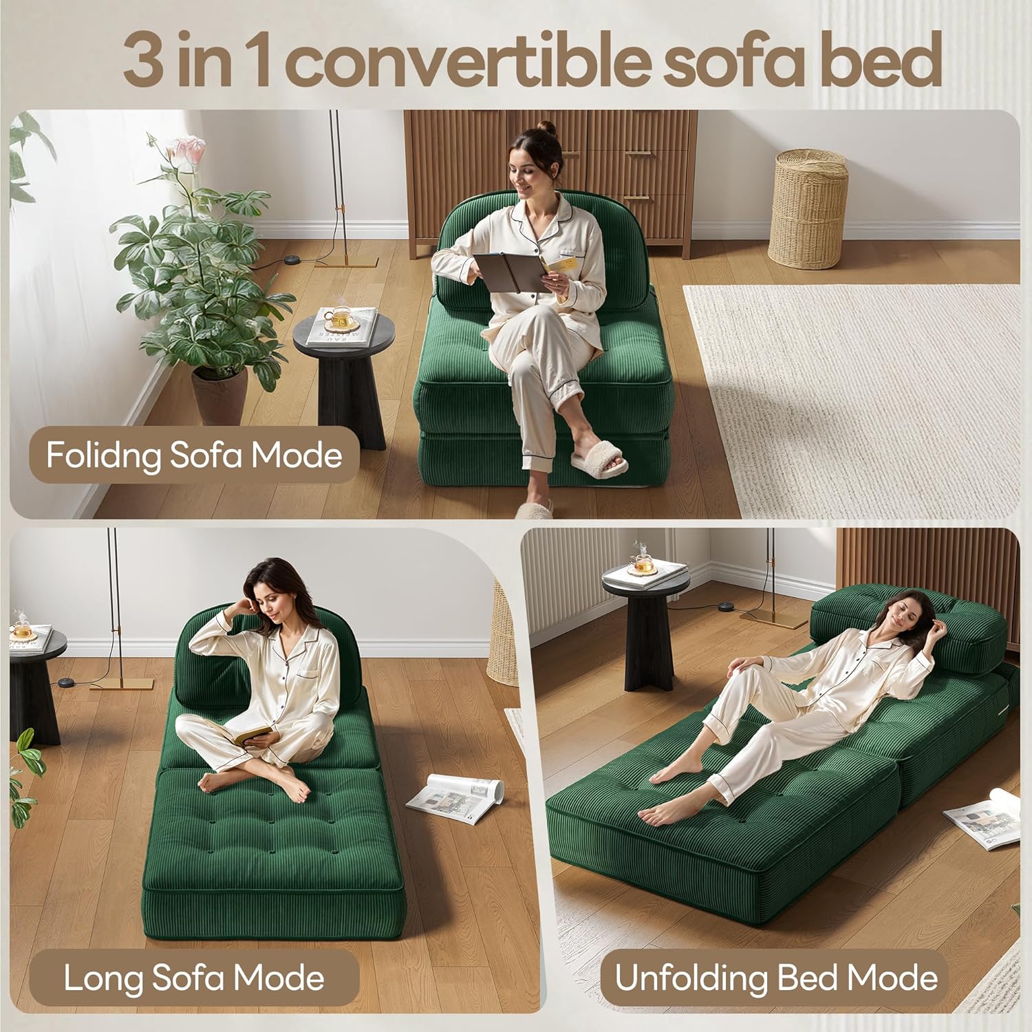 Dowinx Convertible Folding Sofa Bed: A Comfortable Ribbed Velvet Sleeper for Adults. This Modern Single Couch is Ideal for Apartments, Living Rooms & Bedrooms, Featuring Elastic Bands，Forest Green