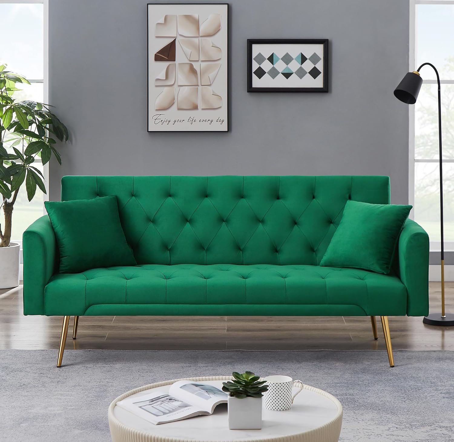 72" Velvet Futon Sofa Bed,Convertible Folding Sleeper Couch Bed,Modern Tufted Recliner Loveseat with Golden Chrome Legs for Small Living Spaces,Bedroom Dorms Office (Green+Pillows)