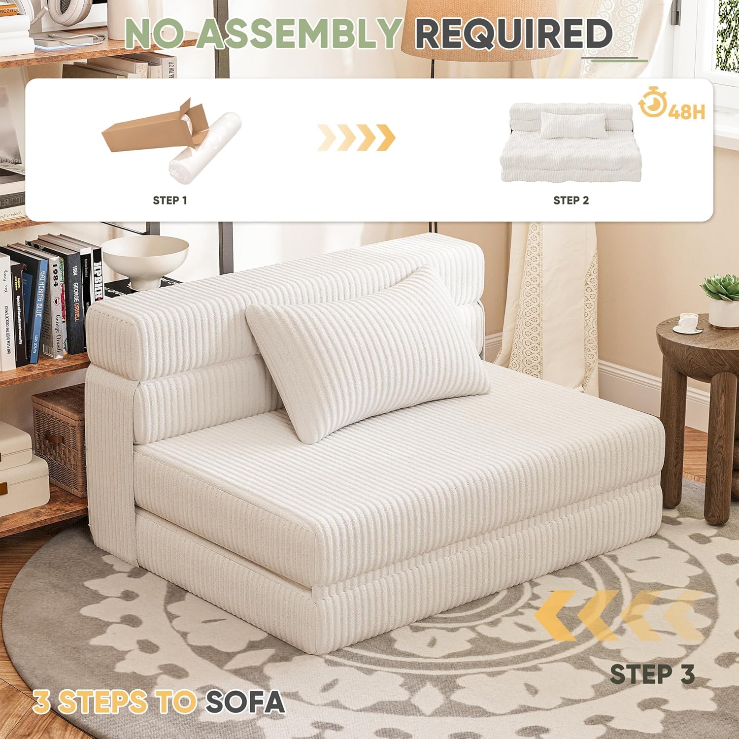 Homall Folding Sofa Bed, Floor Couch Convertible Sleeper Chair with Pillow, Comfy Futon Lounge Sofas, Portable Fold Out Chair Bed for Living Room, Small Space (Corduroy, Grey)(Cream)