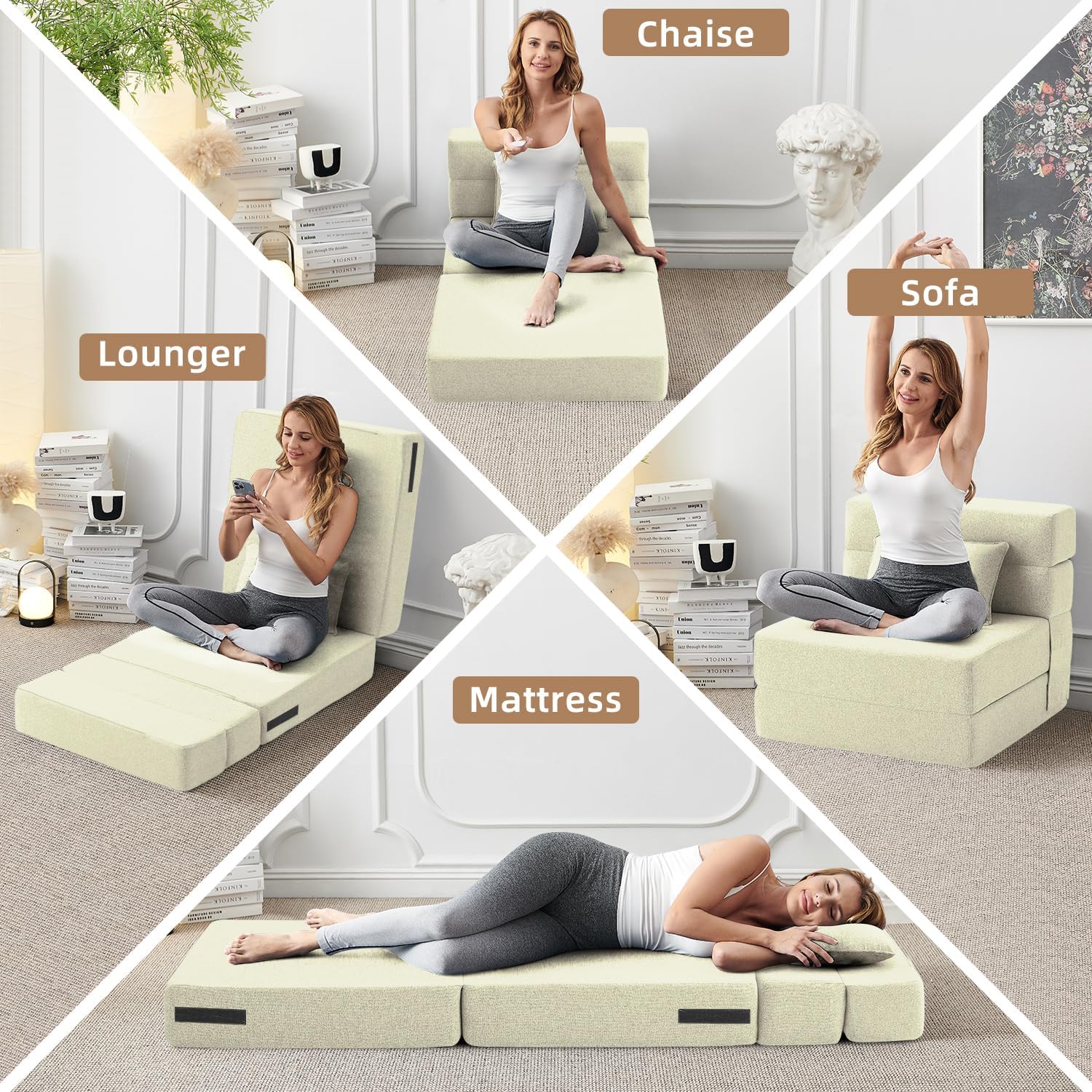 FILUXE Convertible Folding Sofa Bed - Sleeper Chair with Pillow, Modern Linen Fabric Floor & Futon Couch, Foldable Mattress for Living Room/Dorm/Guest Use/Home Office/Apartment, Single Size, Dark Gray(Cream,Single)