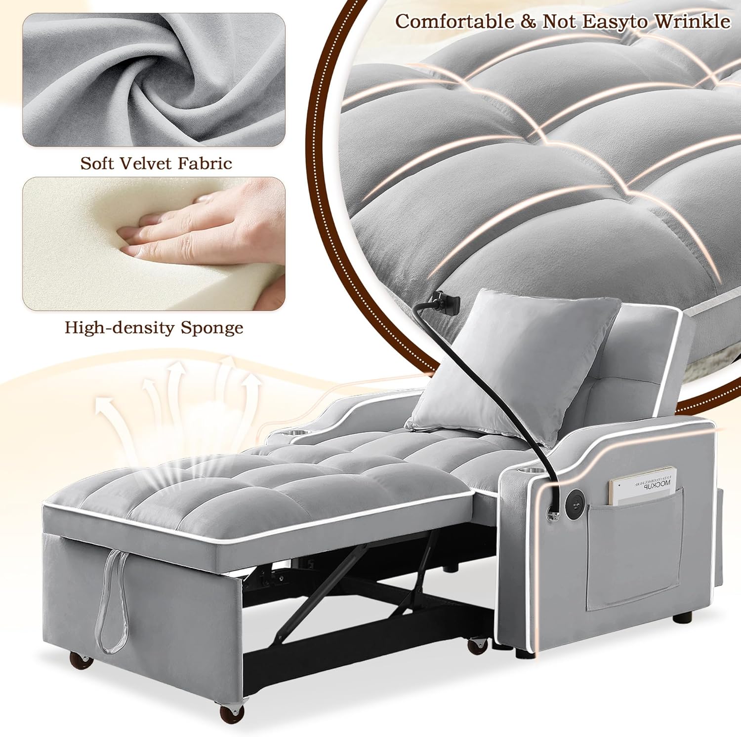 SLEERWAY 3-in-1 Convertible Futon Sofa Bed Chair, Multi-Functional Sleeper Chair Bed with Pull Out Couch and Adjustable Backrest, Modern Velvet Chaise Lounge Armchair for Living Room Bedroom, Grey