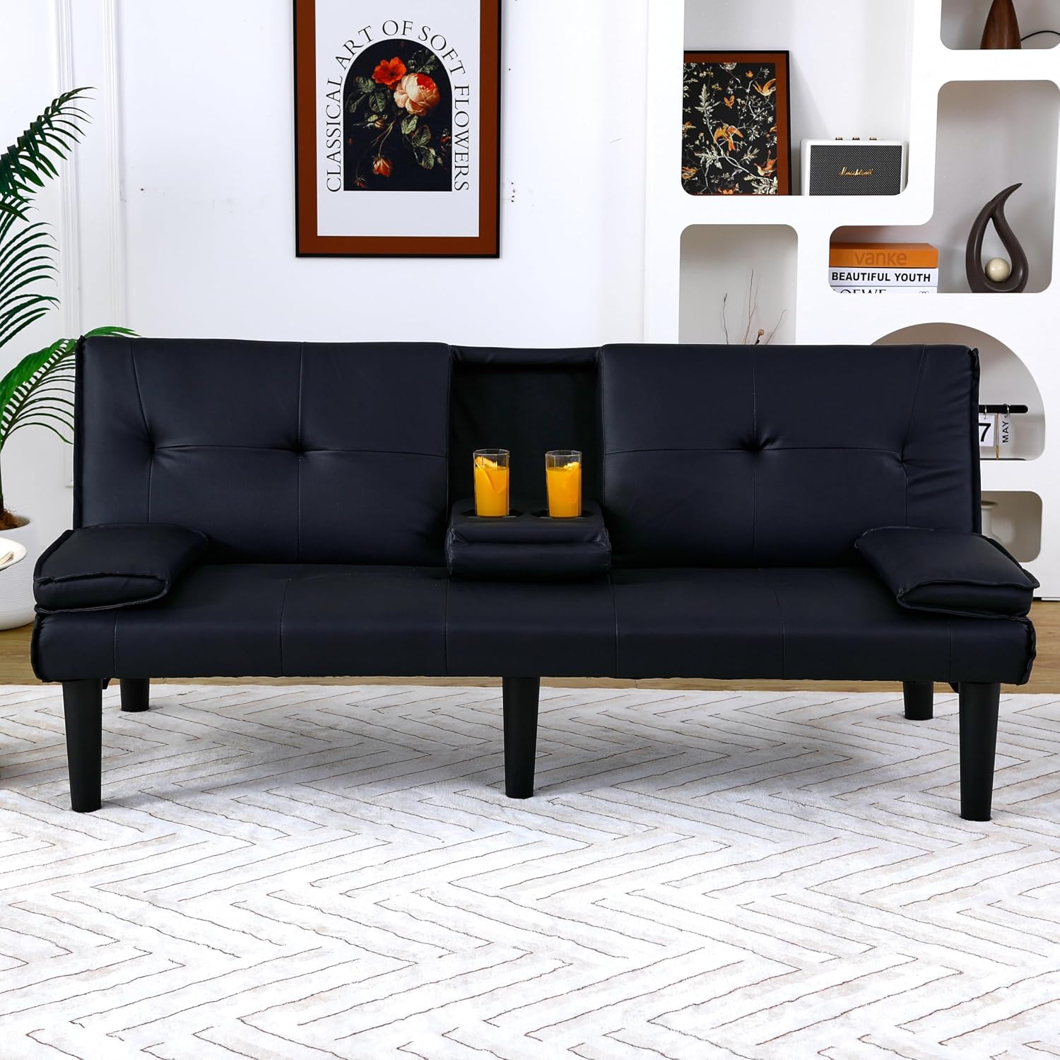 Futon Sofa Bed, Modern PU Leather Sleeper Couch, Convertible Couch Bed with Foldable and Cup Holder Design, Folding Recliner for Living Rooms, Apartments, Small Spaces, Easy to Clean (Black)(Black)
