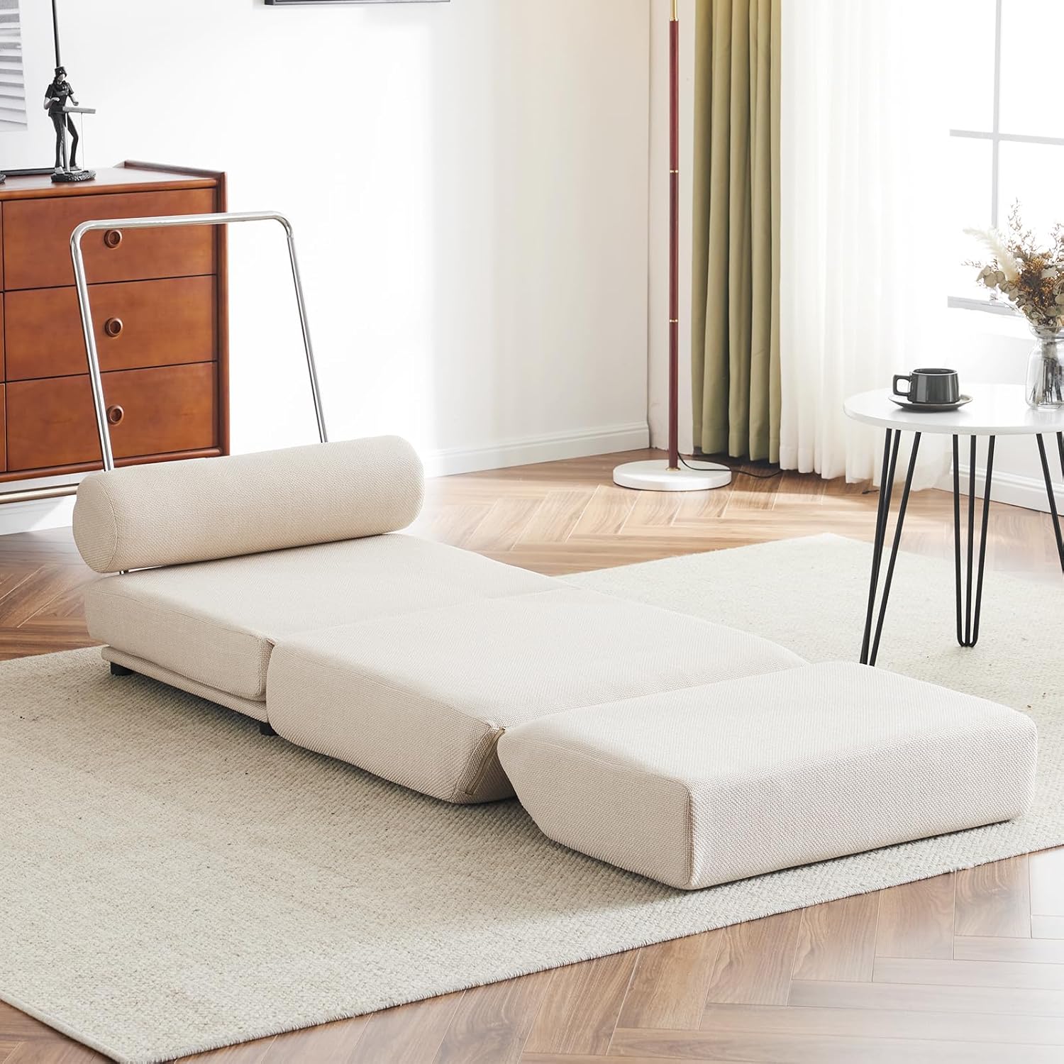 Foldable Linen Sofa Bed, Single Sofa Chair with Pillow, Cream White