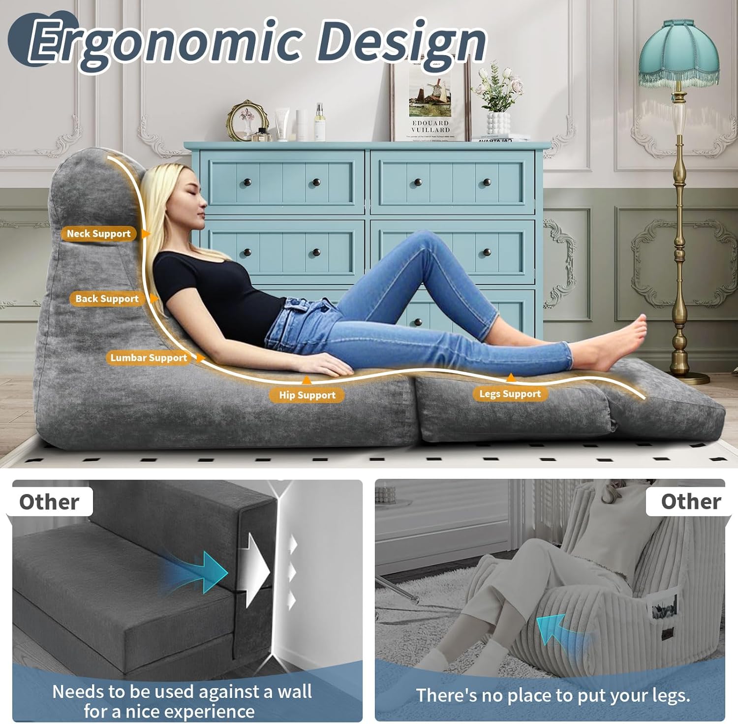 Folding Sofa Bed, Floor Couch for Adults Chair Bed, Convertible Sleeper Chair with Back Support Washable Cover, Deep Seat Sleeper Couch for Living Room