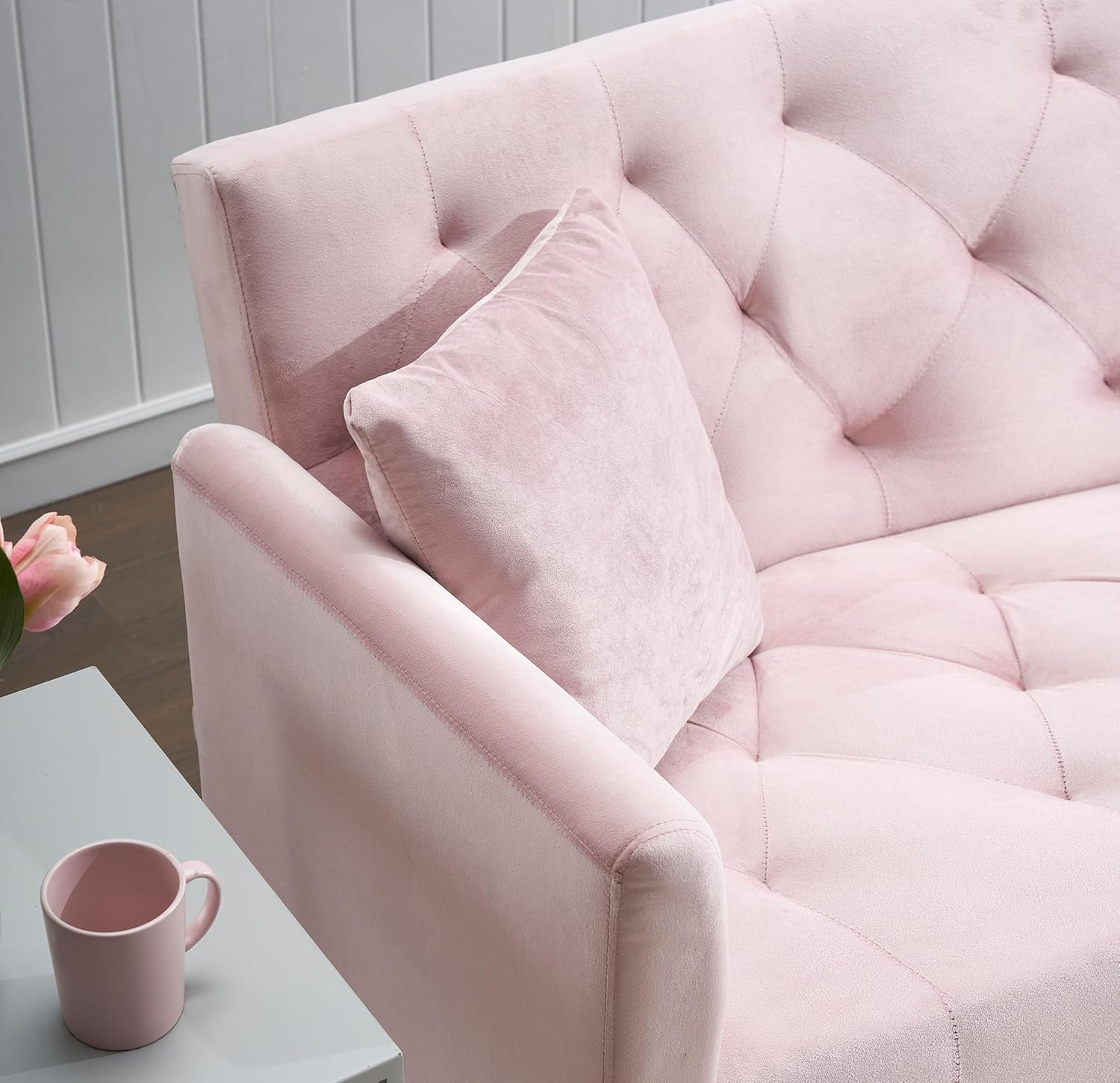 72" Velvet Futon Sofa Bed,Convertible Folding Sleeper Couch Bed,Modern Tufted Recliner Loveseat with Golden Chrome Legs for Small Living Spaces,Bedroom Dorms Office (Light Pink)