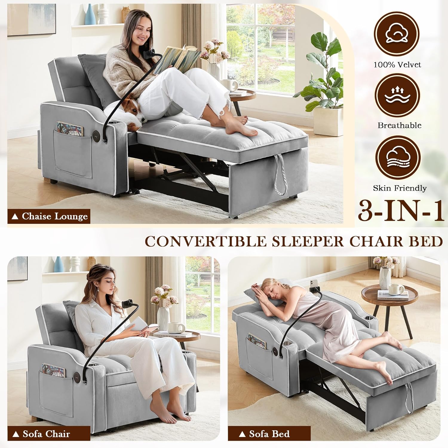 SLEERWAY 3-in-1 Convertible Futon Sofa Bed Chair, Multi-Functional Sleeper Chair Bed with Pull Out Couch and Adjustable Backrest, Modern Velvet Chaise Lounge Armchair for Living Room Bedroom, Grey