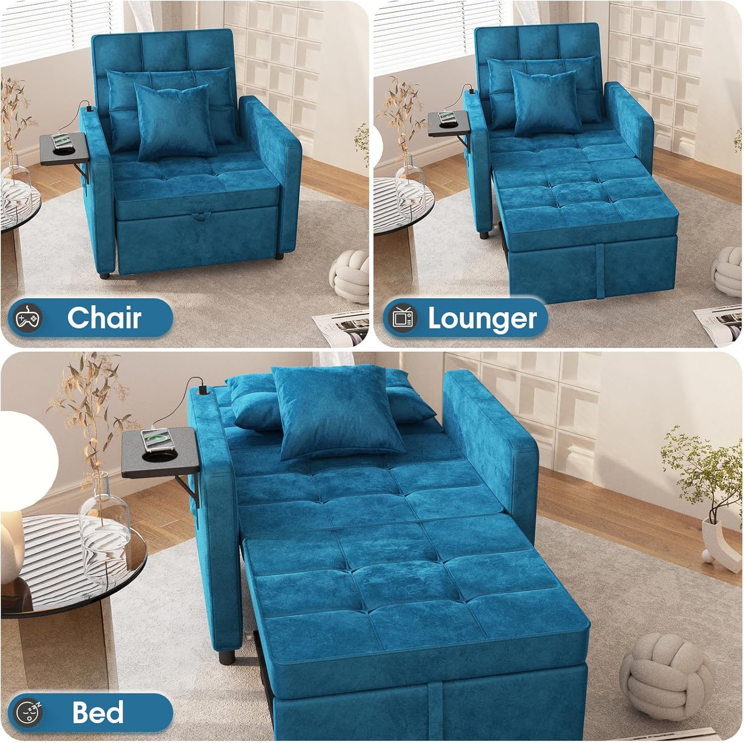 Vabches 3-in-1 Sofa Bed with Wing Table and USB Ports, Velvet Sleeper Chair with Adjustable Backrest, Easy Assembly, Blue(velvet,Blue)