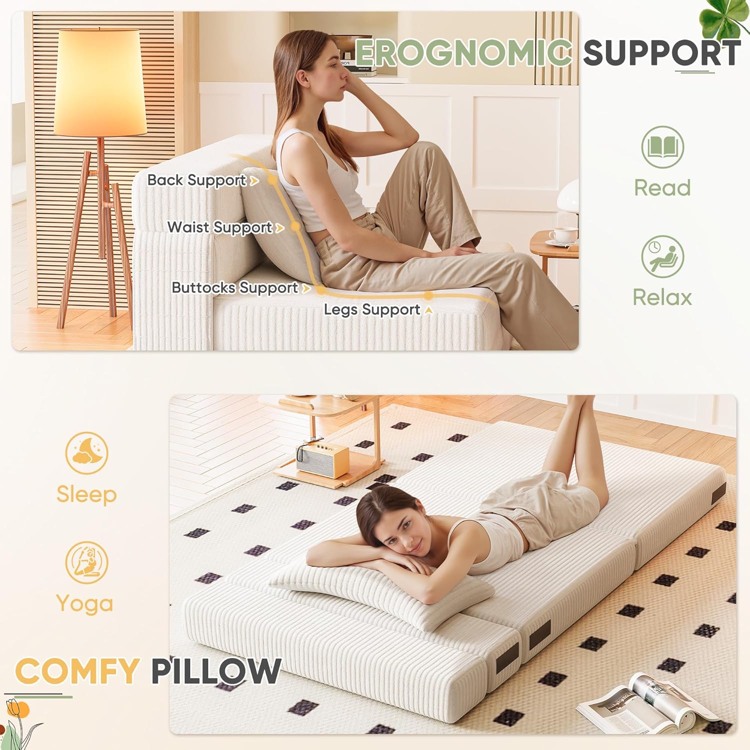 Homall Folding Sofa Bed, Floor Couch Convertible Sleeper Chair with Pillow, Comfy Futon Lounge Sofas, Portable Fold Out Chair Bed for Living Room, Small Space (Corduroy, Grey)(Cream)