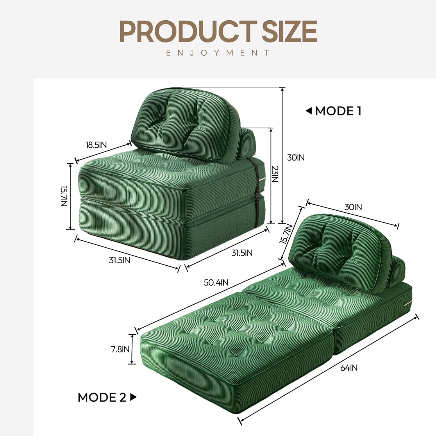 Dowinx Convertible Folding Sofa Bed: A Comfortable Ribbed Velvet Sleeper for Adults. This Modern Single Couch is Ideal for Apartments, Living Rooms & Bedrooms, Featuring Elastic Bands，Forest Green